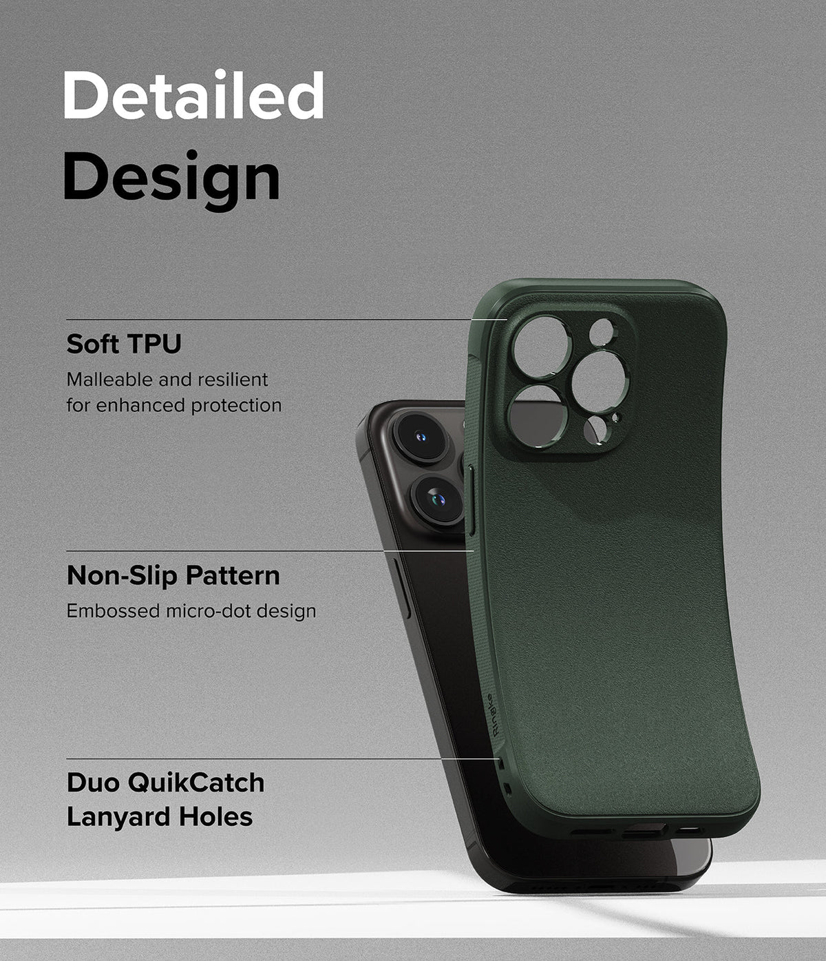 iPhone 15 Pro Max Case | Onyx - Dark green flexible phone case showing TPU material, non-slip texture, and lanyard holes.