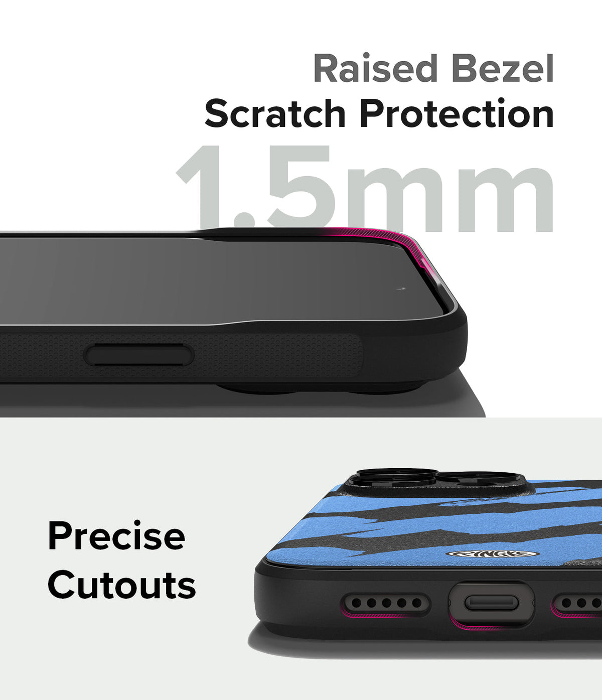 iPhone 15 Pro Max Case | Onyx Design - Close-up of phone case showing 1.5mm raised bezel protection and precise port cutouts.