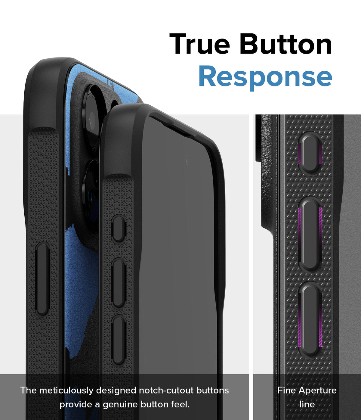 iPhone 15 Pro Max Case | Onyx Design - Close-up of phone case buttons with notch-cutouts for tactile response.