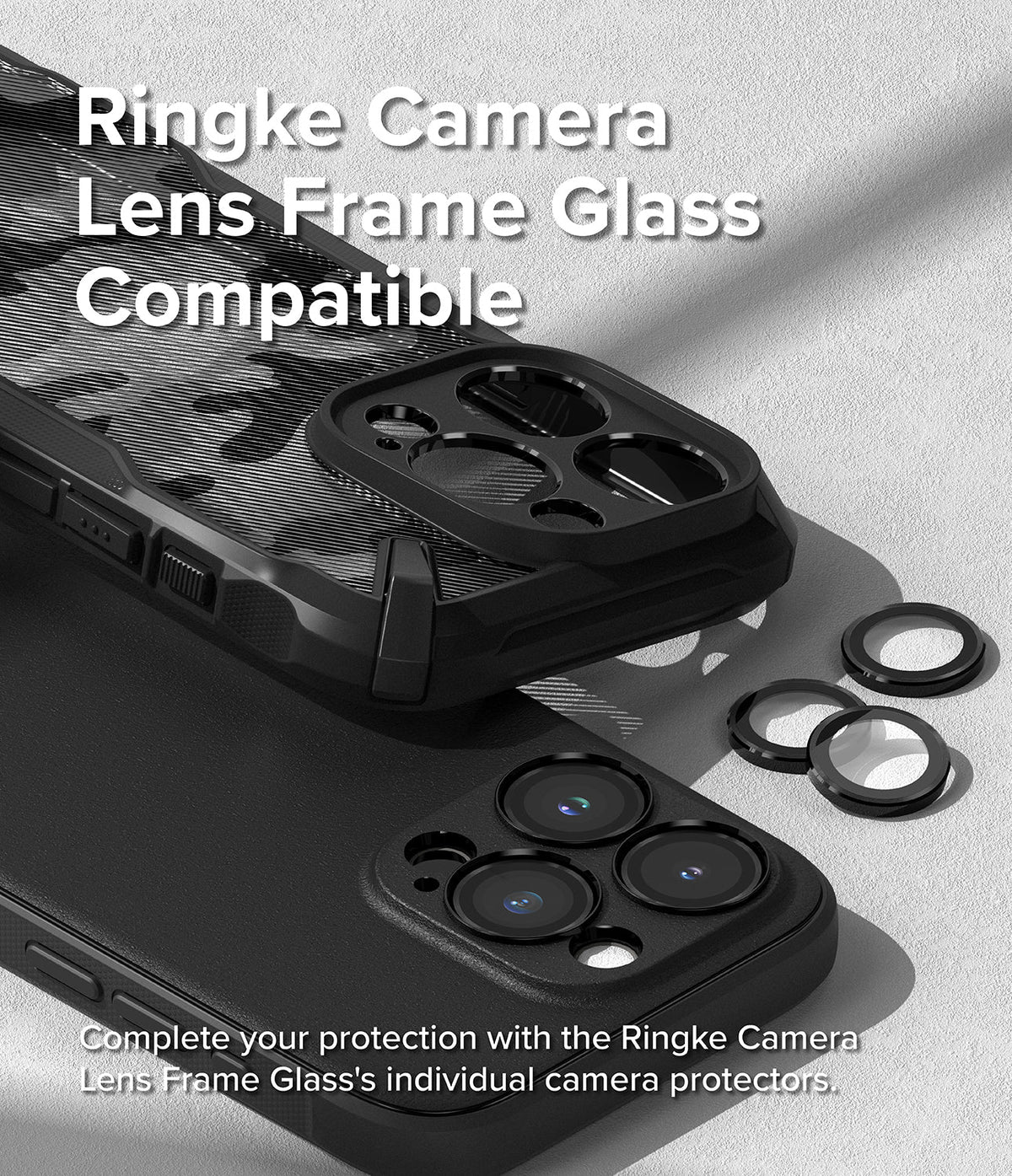 iPhone 15 Pro Max Case | Onyx Design - Black phone case with individual camera lens protectors shown next to the camera array.