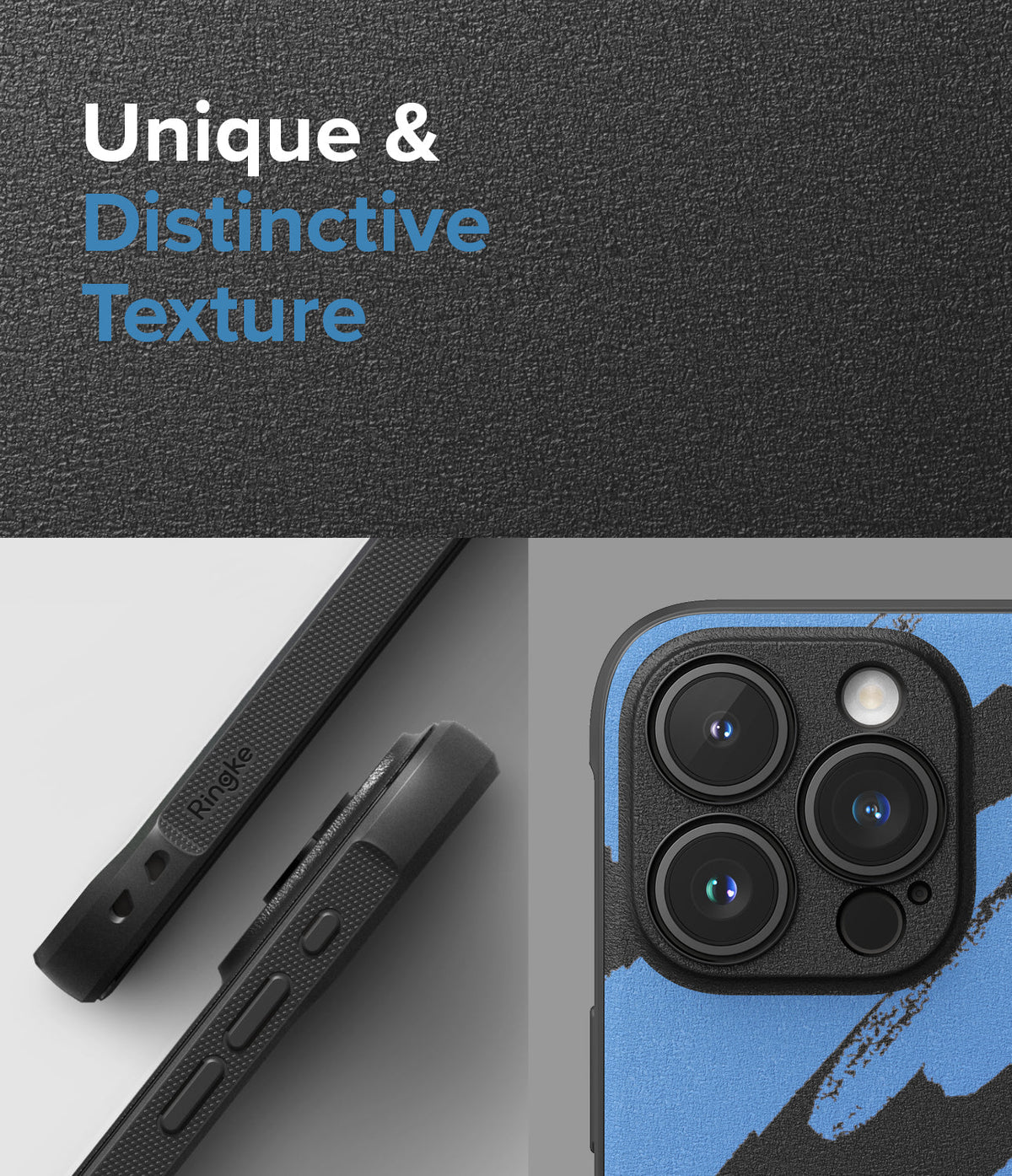 iPhone 15 Pro Max Case | Onyx Design - Close-up of a blue and black textured phone case with camera lens detail.