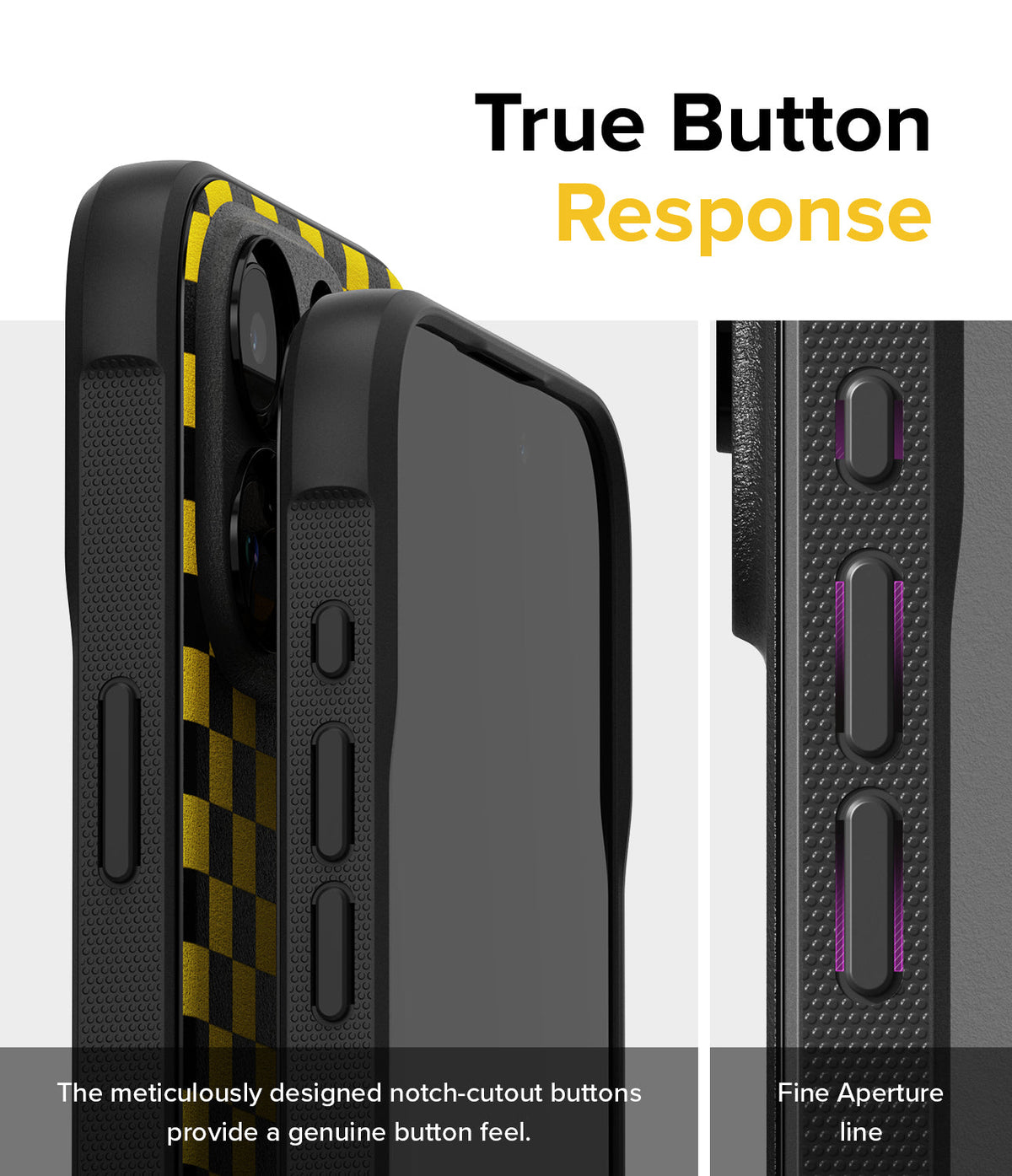 iPhone 15 Pro Max Case | Onyx Design - Close-up of phone case buttons with textured sides and precise cutouts.