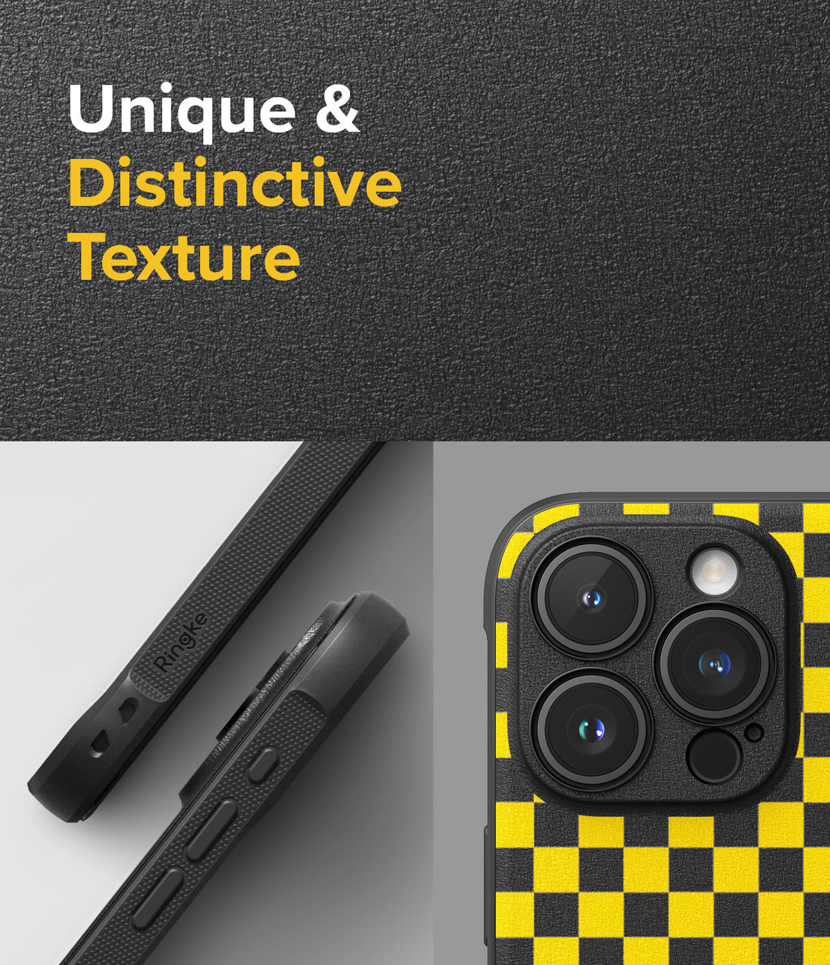 iPhone 15 Pro Max Case | Onyx Design - Close-up of a black and yellow checkered phone case with a textured finish.