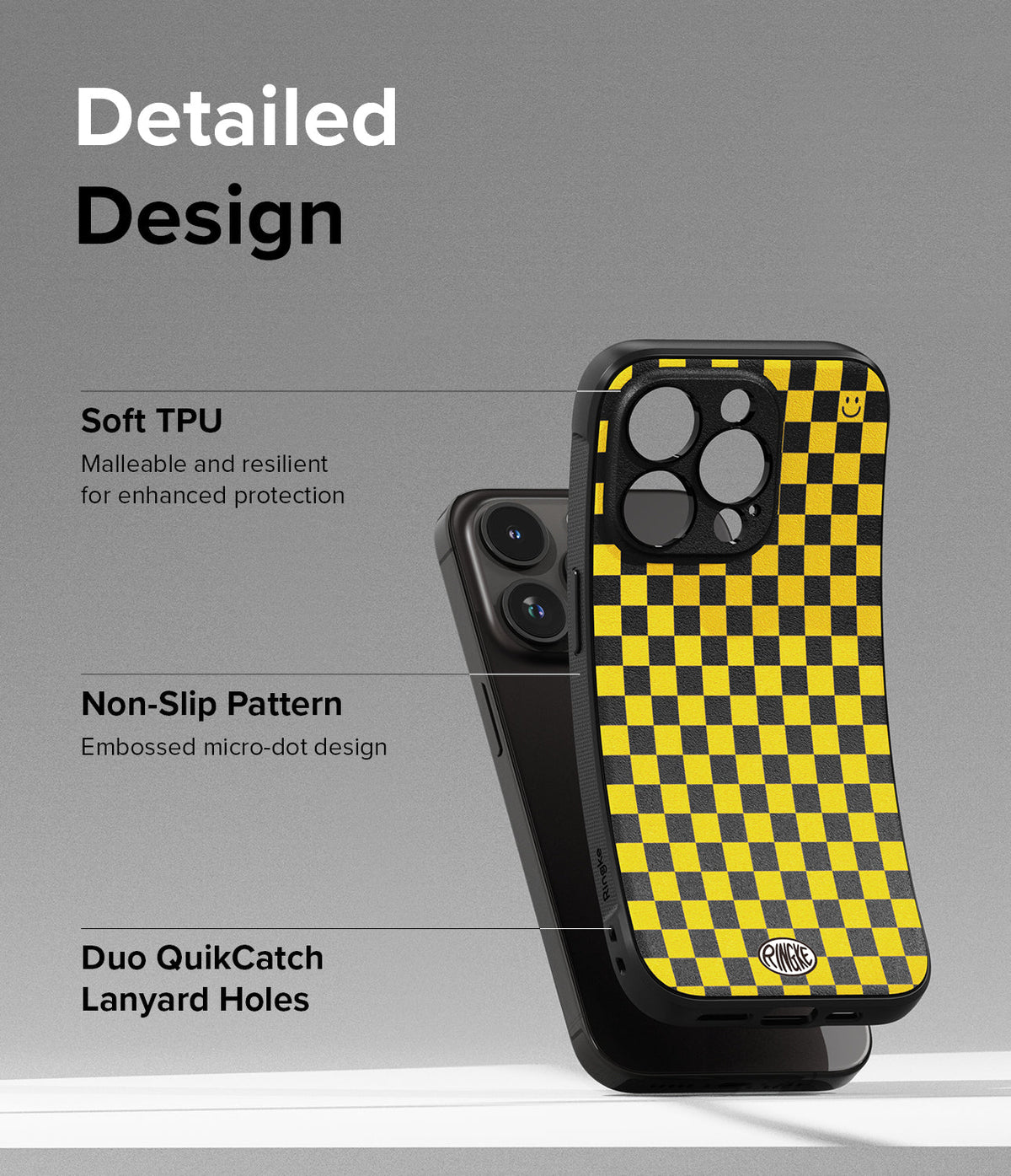 iPhone 15 Pro Max Case | Onyx Design - Black and yellow checkered phone case with lanyard holes and protective features.