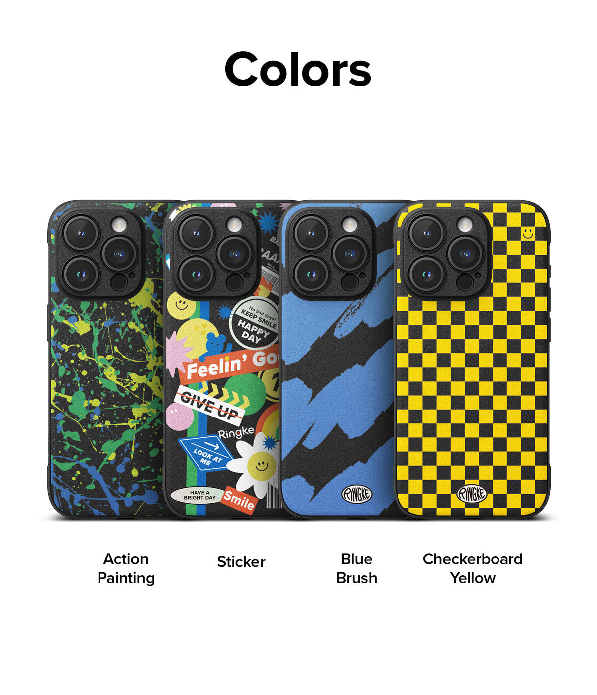iPhone 15 Pro Max Case | Onyx Design - Four phone cases featuring Action Painting, Sticker, Blue Brush, and Yellow Checkerboard patterns.