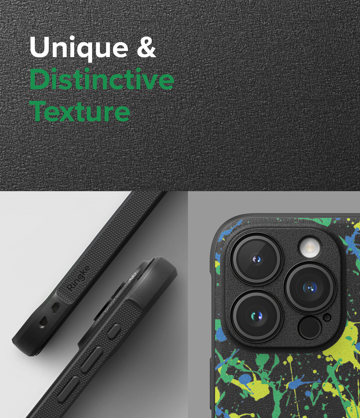 iPhone 15 Pro Max Case | Onyx Design - Textured black phone case with green and blue paint splatter and Ringke branding.