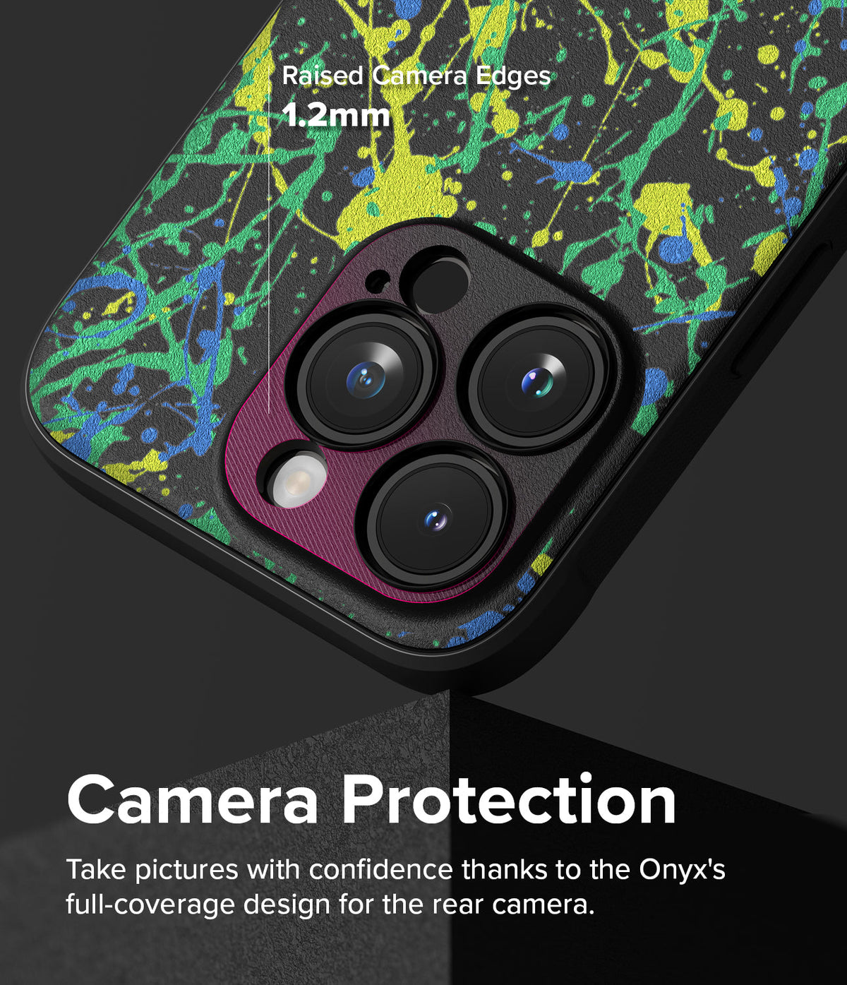 iPhone 15 Pro Max Case | Onyx Design - Black phone case with neon paint splatter, highlighting a 1.2mm raised camera bezel.