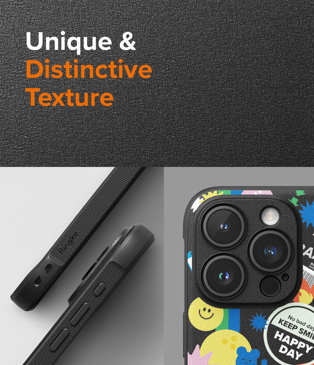 iPhone 15 Pro Max Case | Onyx Design - Textured black phone case with colorful, playful stickers and camera lens detail.