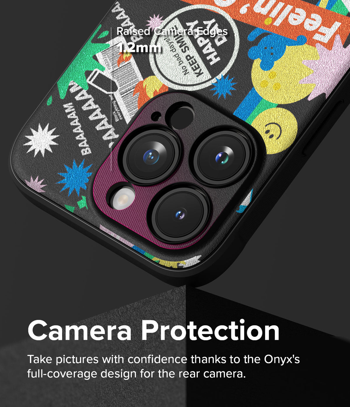 iPhone 15 Pro Max Case | Onyx Design - Colorful sticker-patterned phone case with a 1.2mm raised camera protection ring.