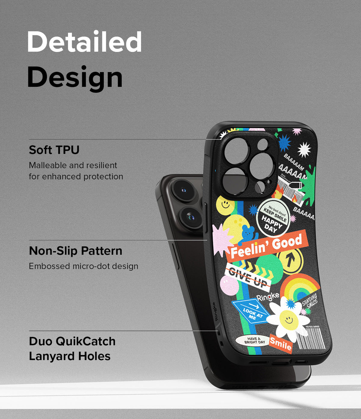 iPhone 15 Pro Max Case | Onyx Design - Black phone case with colorful sticker-style graphics and labels for TPU, grip, and lanyard features.