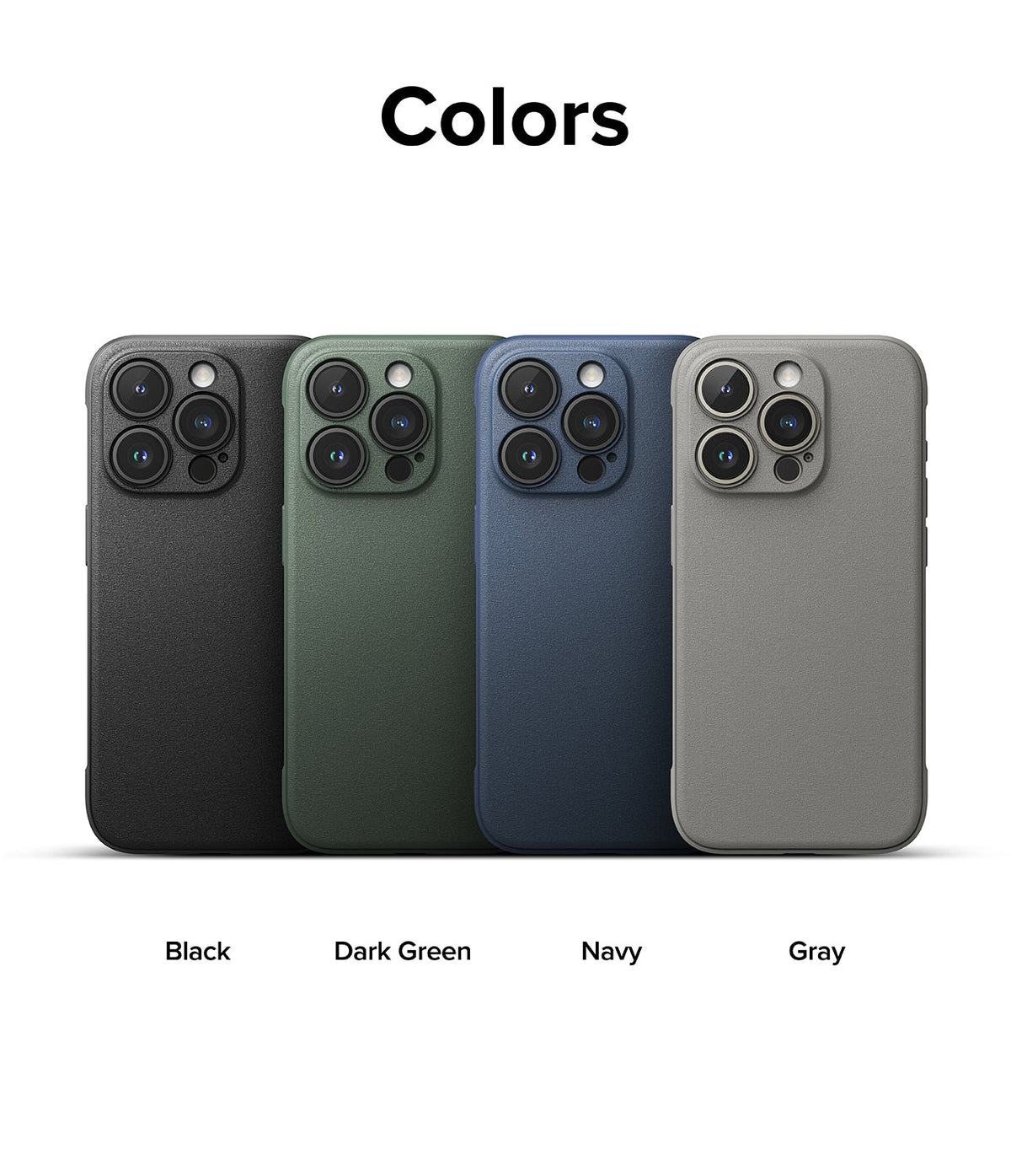 iPhone 15 Pro Max Case | Onyx - Four iPhone 15 Pro Max cases in black, dark green, navy, and gray arranged in a row.