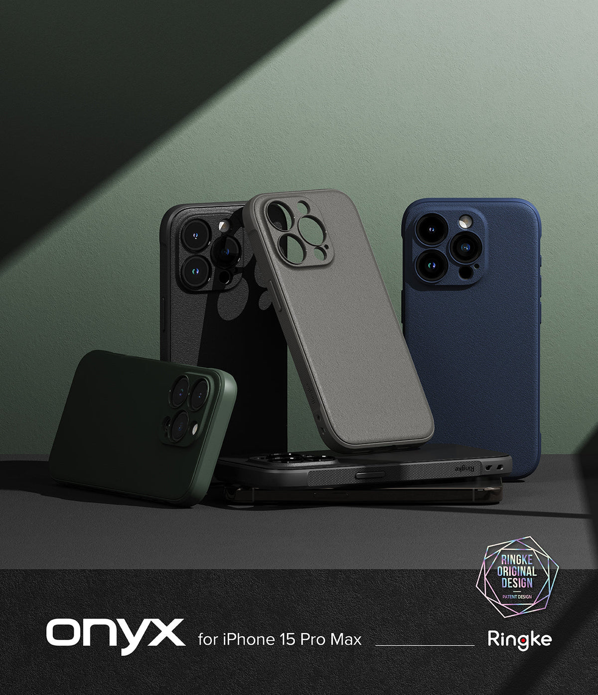 iPhone 15 Pro Max Case | Onyx - Multiple iPhone 15 Pro Max cases in various colors arranged on a dark surface against a green wall.