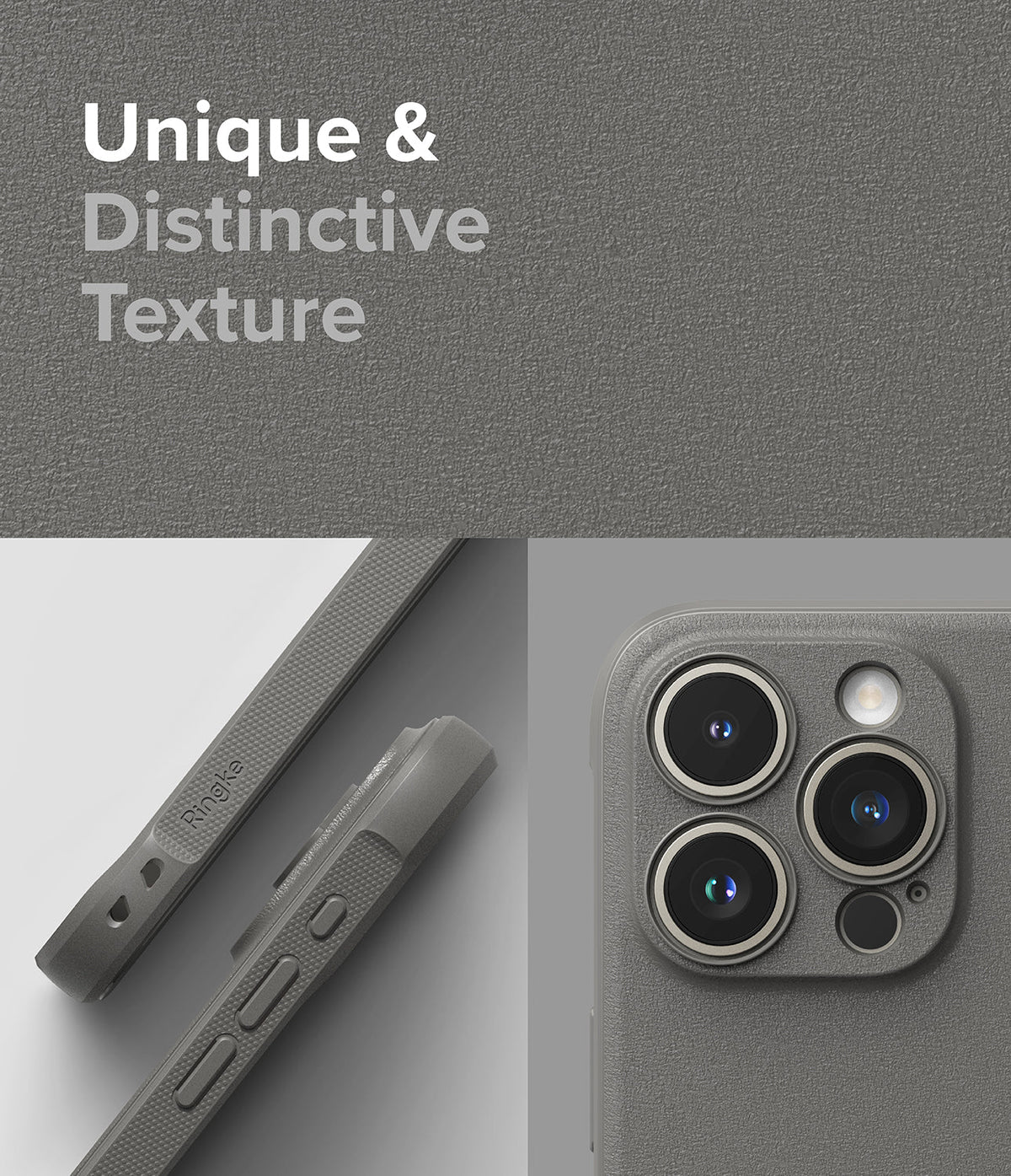 iPhone 15 Pro Max Case | Onyx - Textured gray phone case showing side buttons, Ringke branding, and camera lens cutouts.