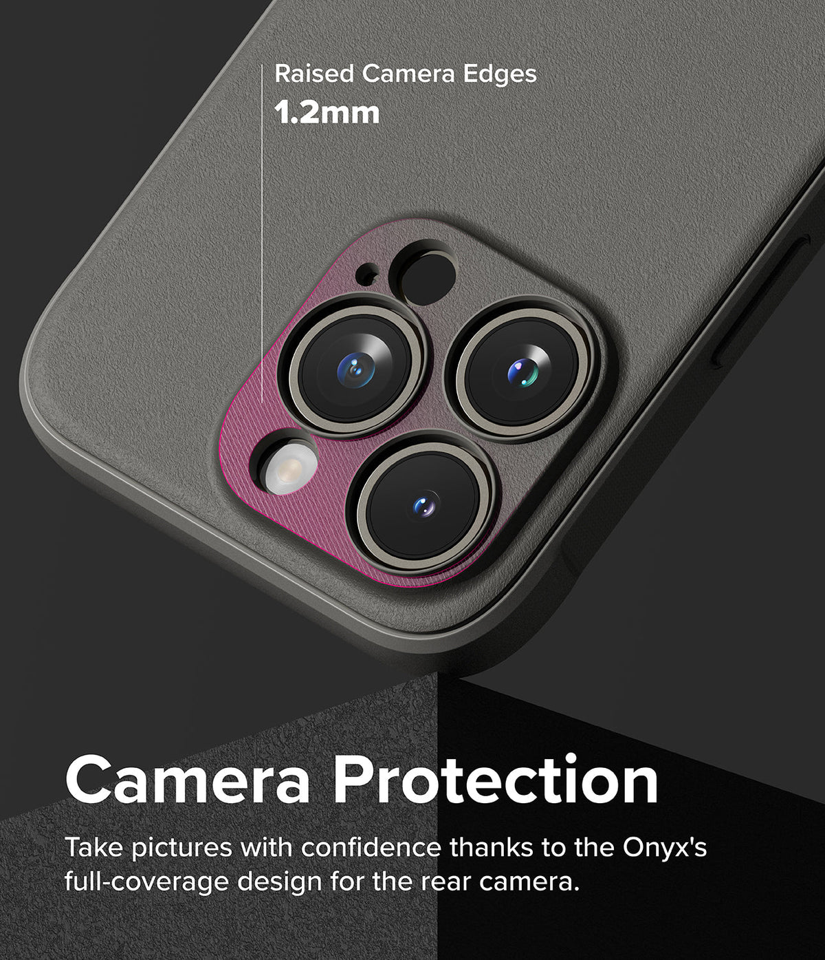 iPhone 15 Pro Max Case | Onyx - Close-up of a gray phone case highlighting 1.2mm raised edges around the camera lenses.