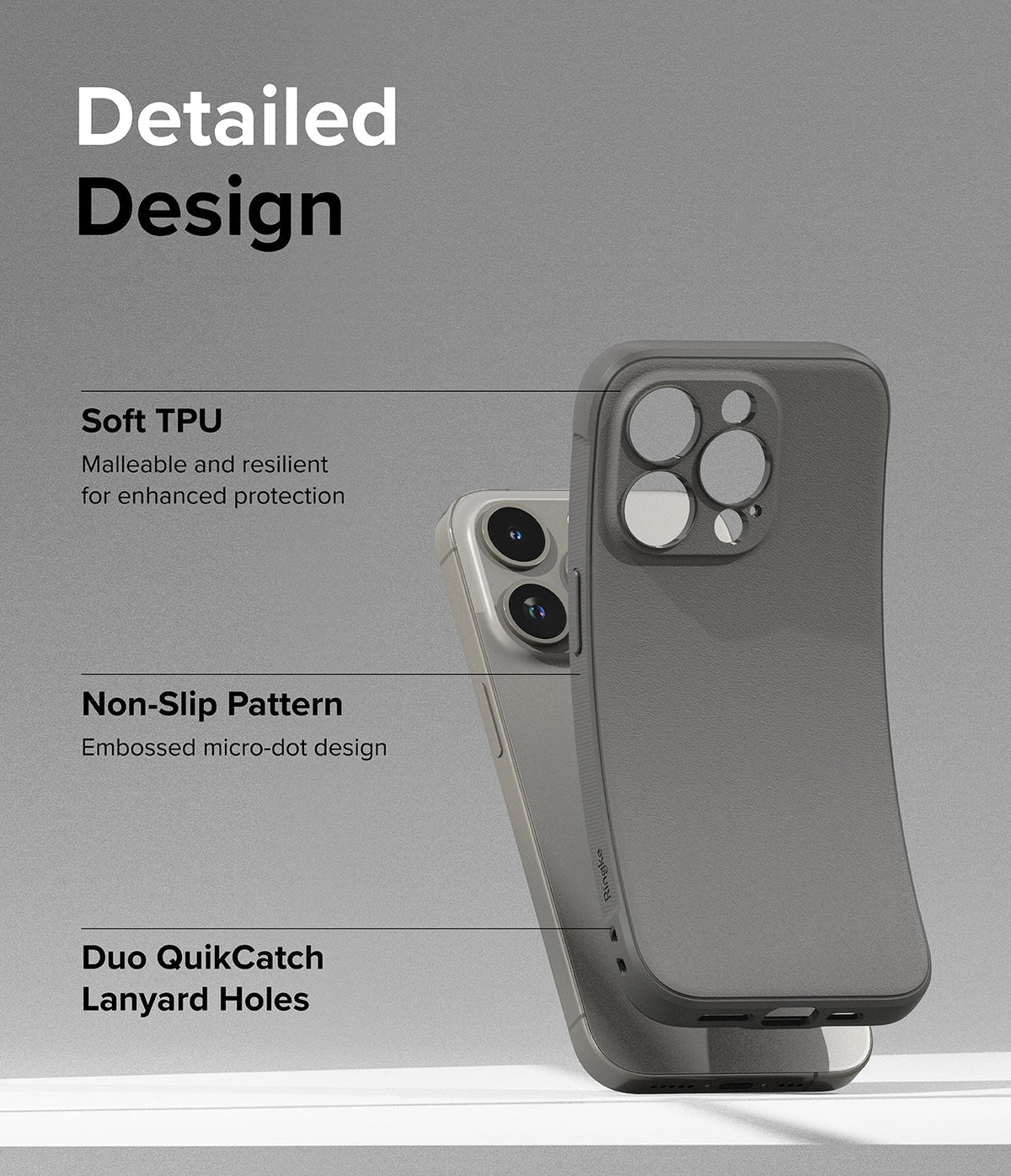 iPhone 15 Pro Max Case | Onyx - A gray phone case showing TPU material, non-slip texture, and lanyard holes.