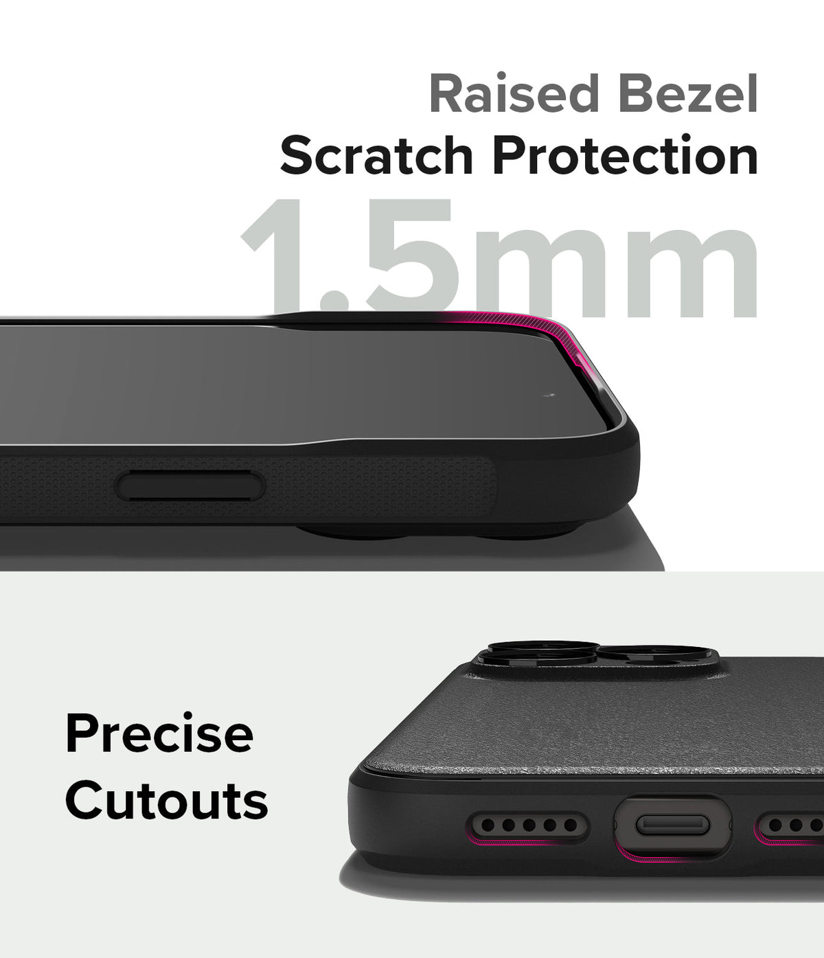 iPhone 15 Pro Max Case | Onyx Magnetic - Close-up of phone case showing 1.5mm raised bezel protection and precise port cutouts.