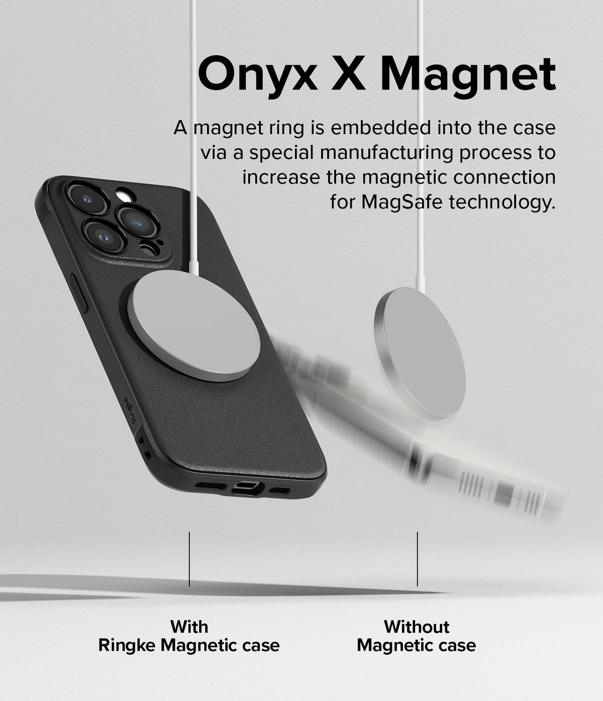iPhone 15 Pro Max Case | Onyx Magnetic - A MagSafe charger attached to a black phone case versus one falling off a phone.