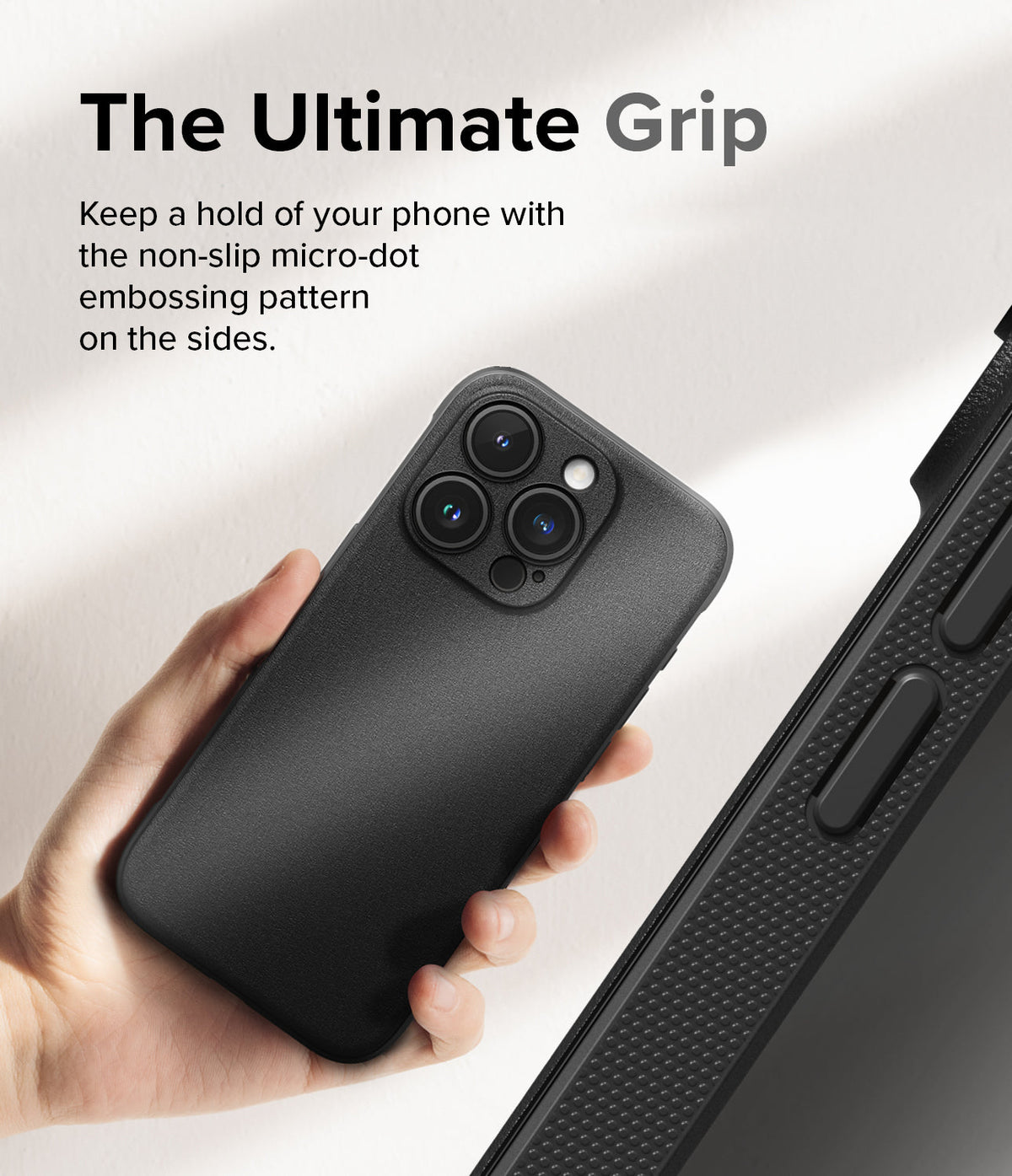 iPhone 15 Pro Max Case | Onyx Magnetic - Hand holding a black phone case with a micro-dot textured side grip.