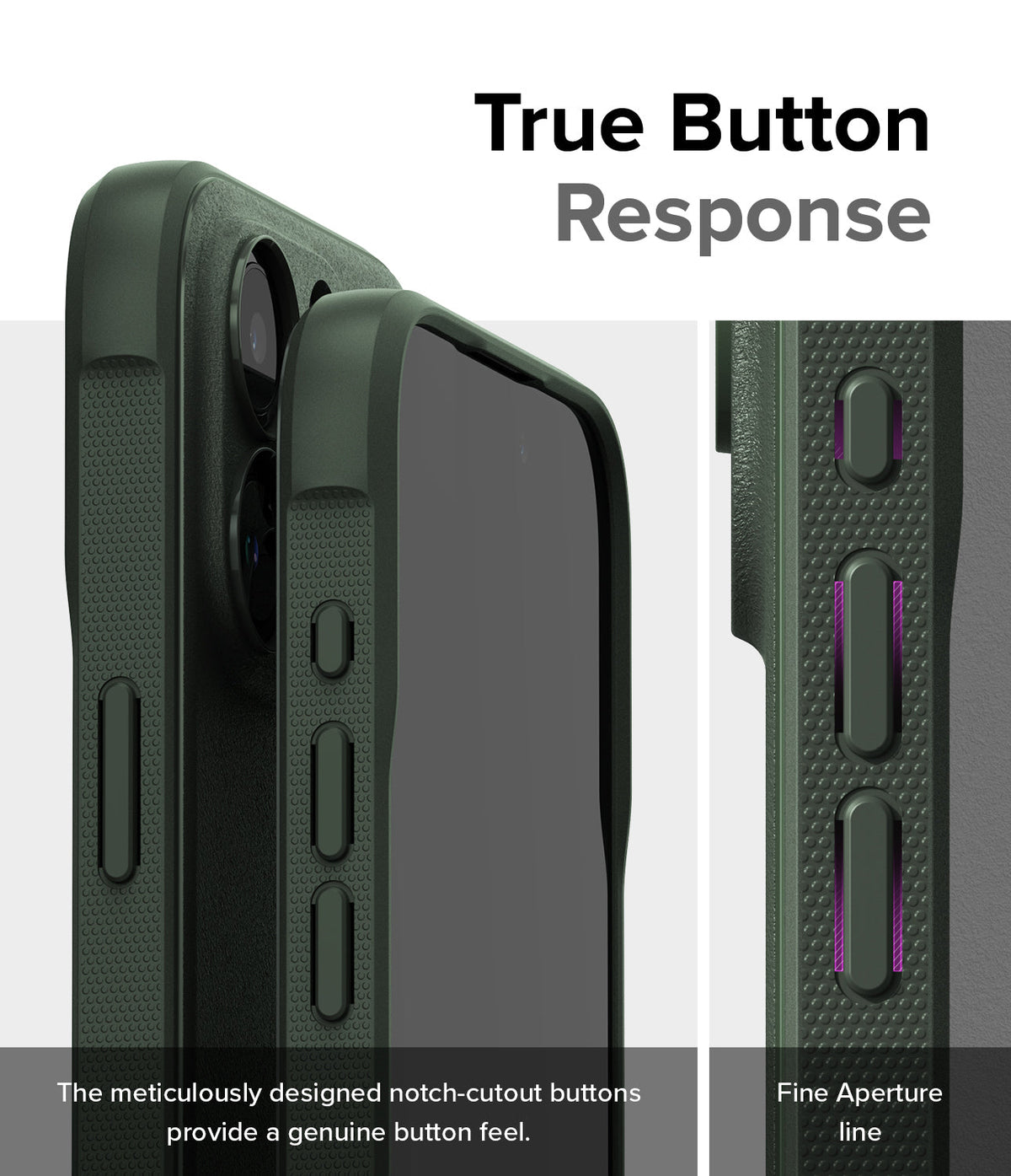 iPhone 15 Pro Max Case | Onyx Magnetic - Close-up of dark green phone case buttons with textured sides and fine aperture lines.