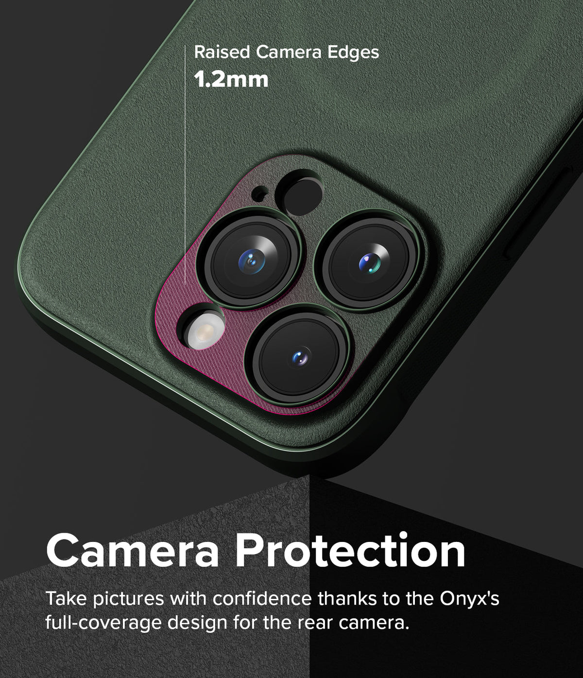 iPhone 15 Pro Max Case | Onyx Magnetic - Dark green phone case highlighting 1.2mm raised camera protection edges.