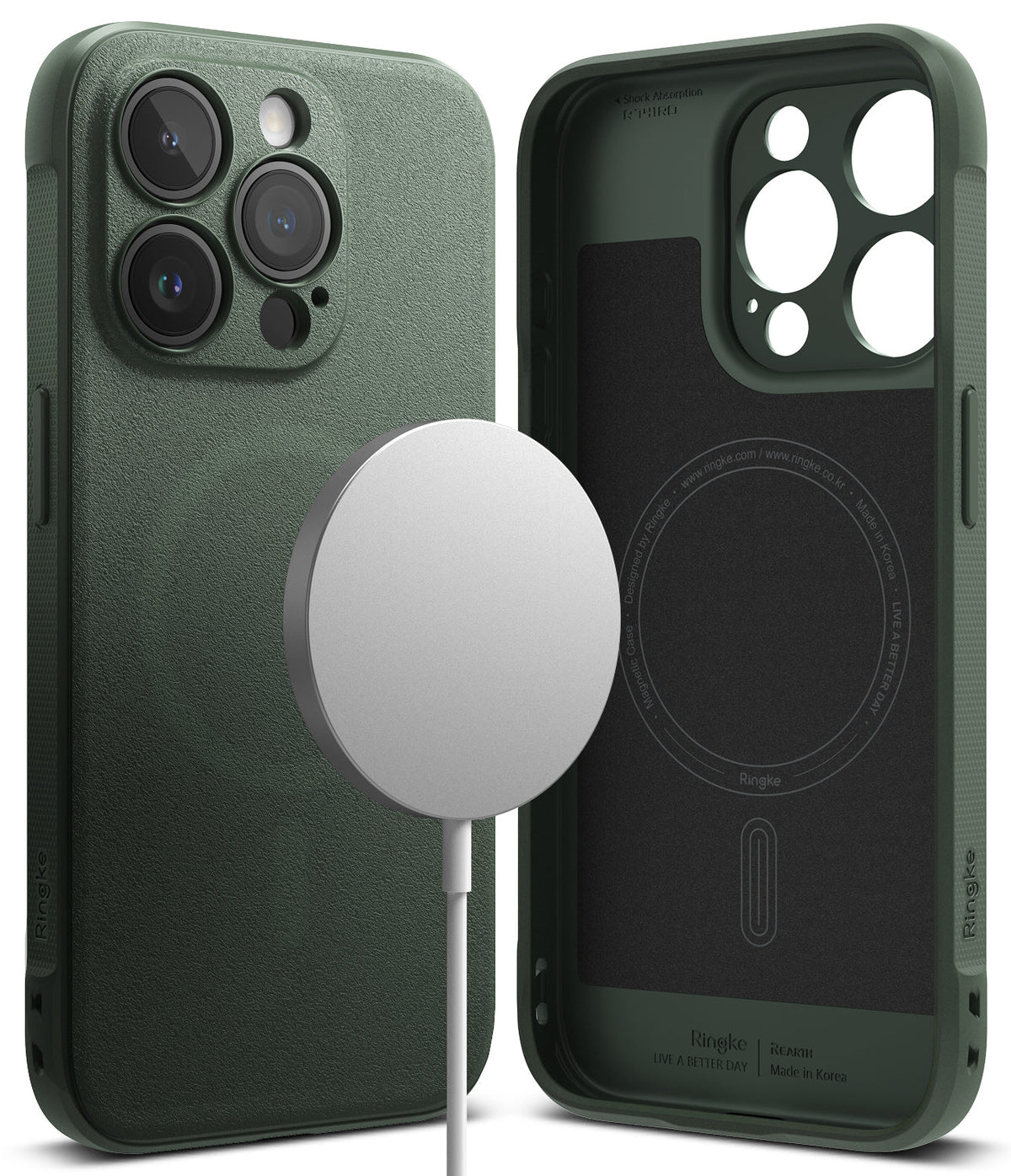 iPhone 15 Pro Max Case | Onyx Magnetic - Dark green textured phone case shown from back and interior with magnetic charger.