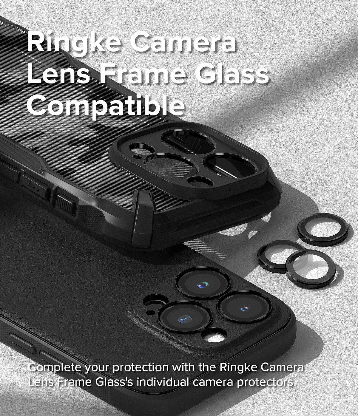 iPhone 15 Pro Max Case | Onyx - Black phone case with individual camera lens protectors and a camo-patterned back.