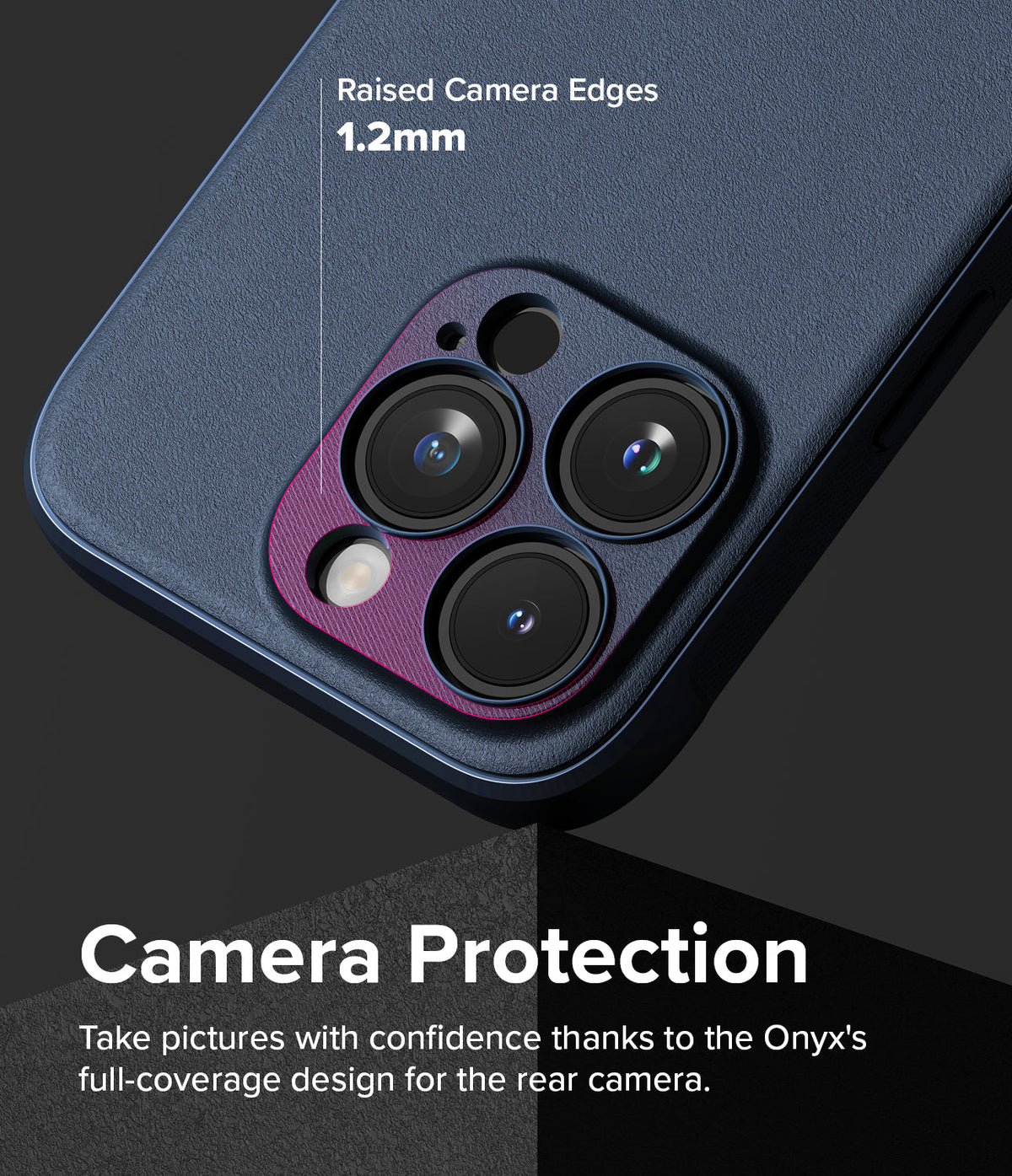 iPhone 15 Pro Max Case | Onyx - Navy blue phone case highlighting 1.2mm raised camera edges for lens protection.
