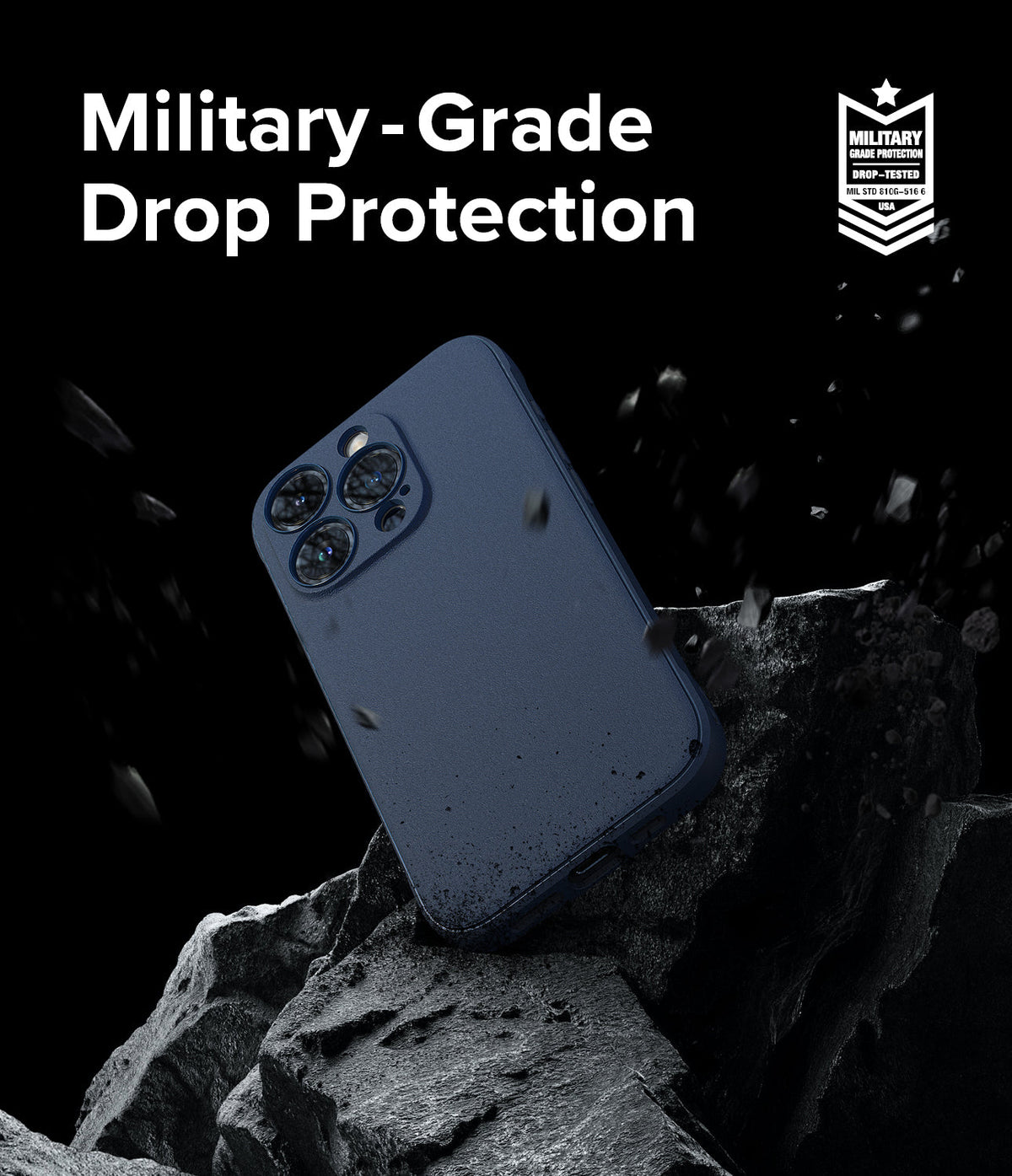 iPhone 15 Pro Max Case | Onyx - Navy phone case on a dark rock with debris and military-grade drop protection text.