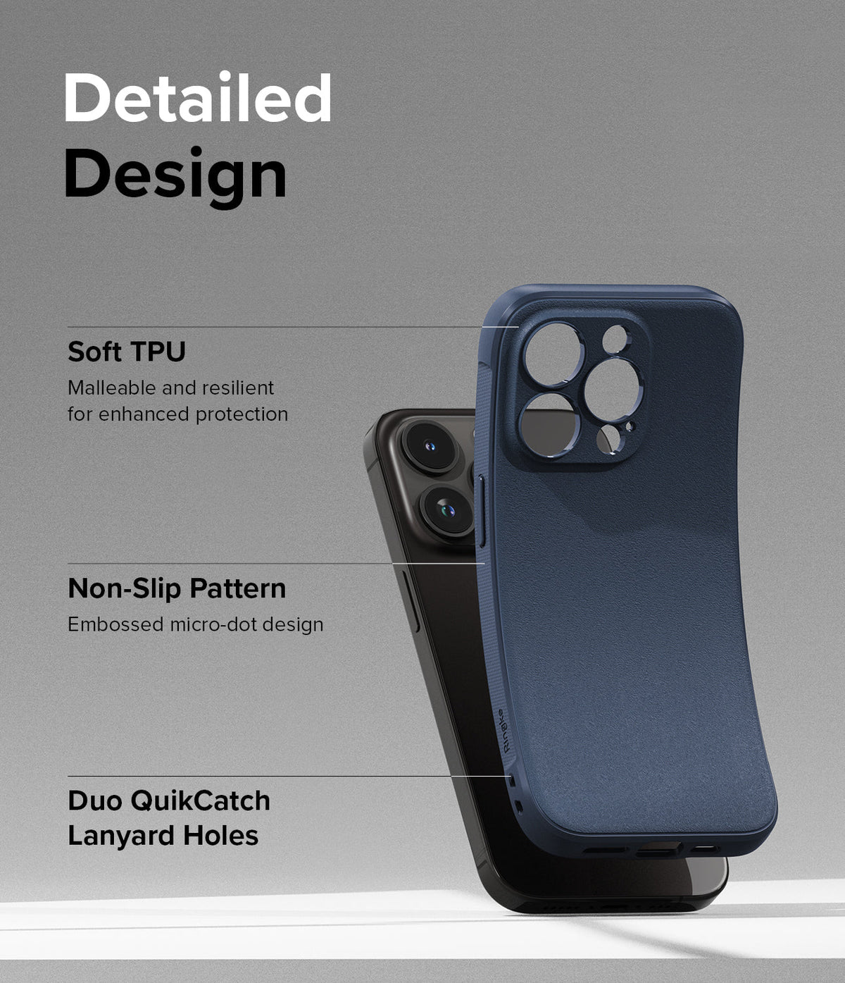 iPhone 15 Pro Max Case | Onyx - Navy blue flexible phone case showing TPU material, non-slip texture, and lanyard holes.