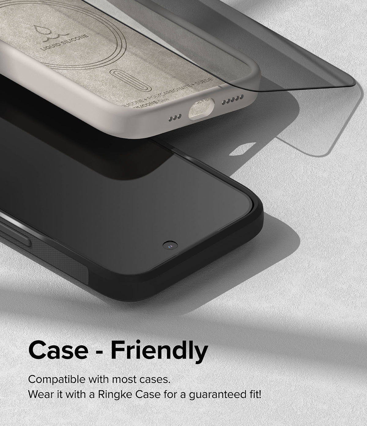 iPhone 15 Pro Max Screen Protector | Privacy Glass - iPhone 15 Pro Max Screen Protector - Privacy glass hovering above a smartphone inside a protective silicone case.