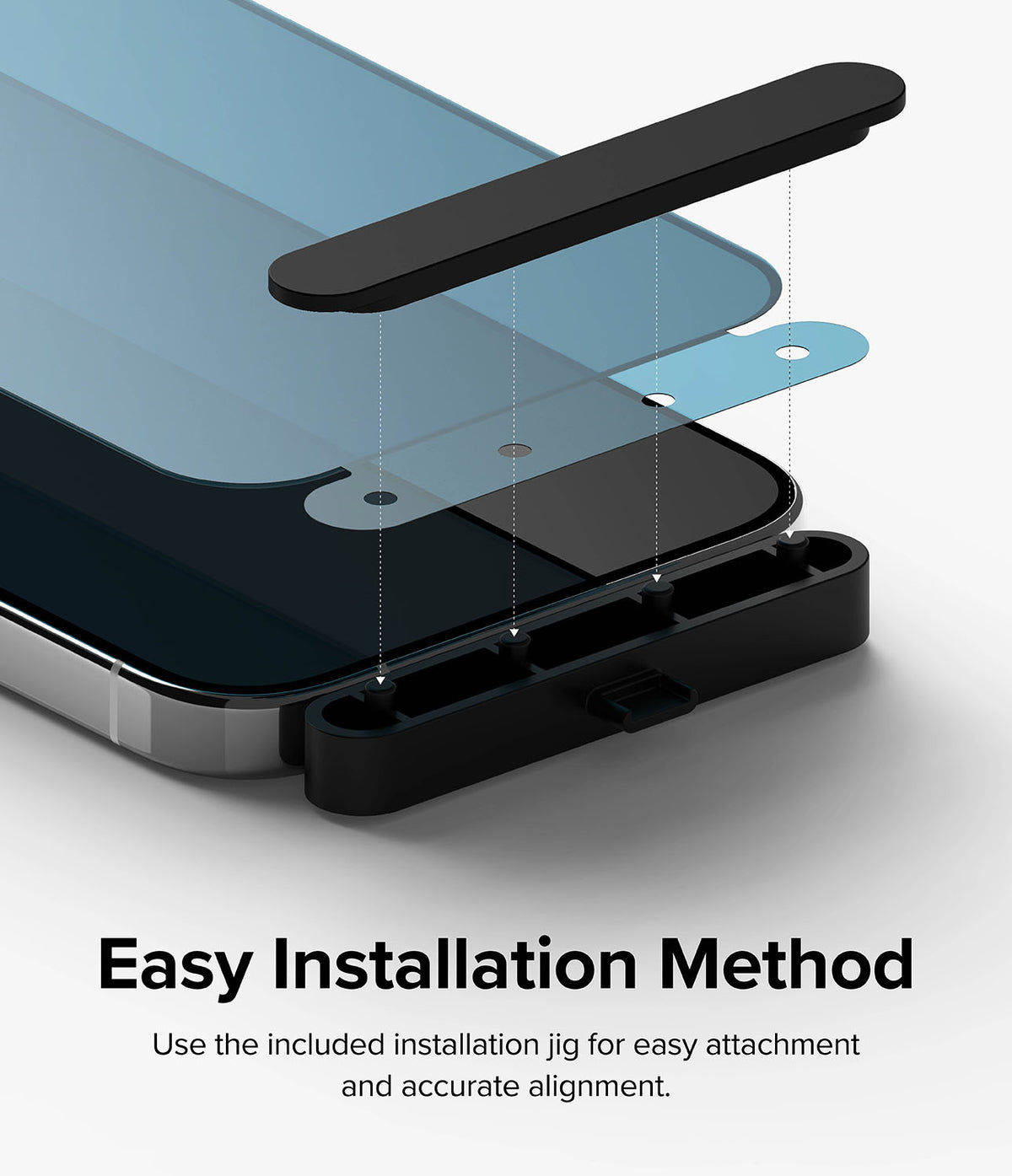 iPhone 15 Pro Max Screen Protector | Privacy Glass - Installation jig aligning a privacy screen protector onto an iPhone.