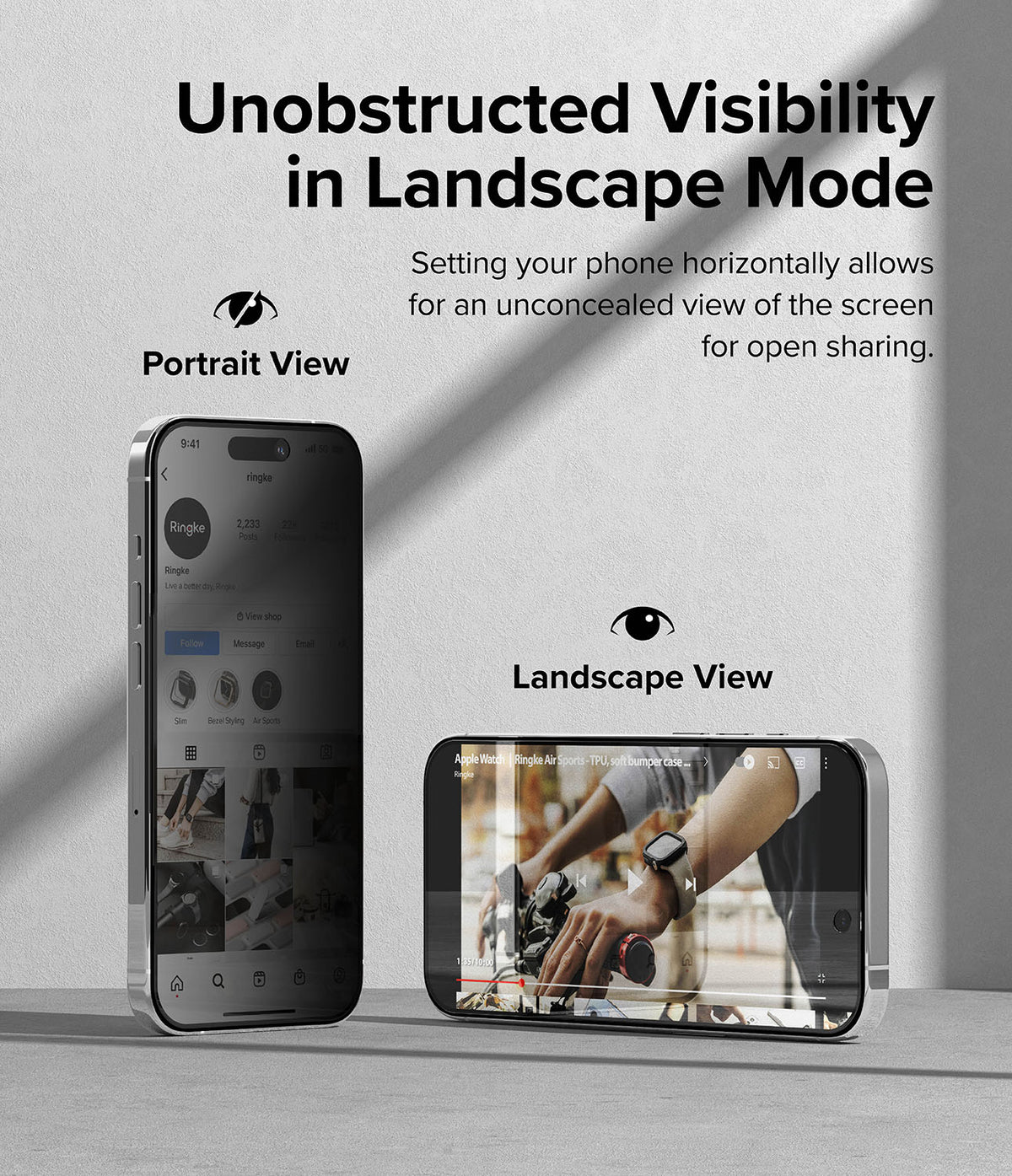 iPhone 15 Pro Max Screen Protector | Privacy Glass - iPhone 15 Pro Max Privacy Glass - Comparison of portrait view with obscured screen and landscape view with clear visibility.