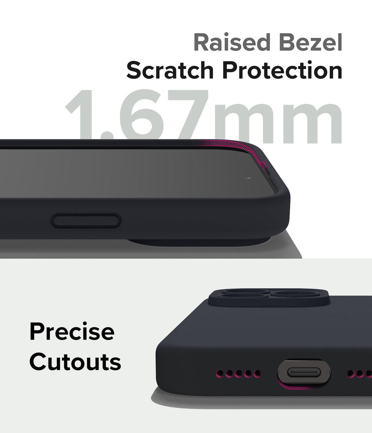 iPhone 15 Pro Max Case | Silicone Magnetic - Close-up of 1.67mm raised screen bezel and precise port cutouts on a black case.