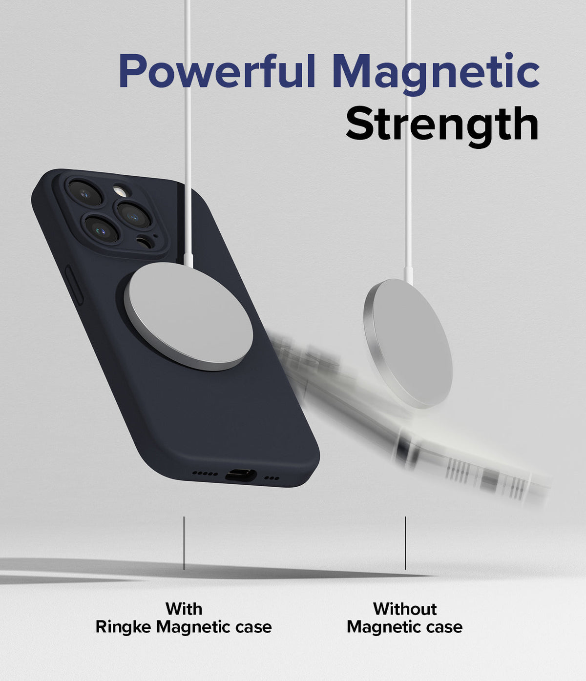 iPhone 15 Pro Max Case | Silicone Magnetic - A magnetic charger holding a cased phone while another phone falls away.
