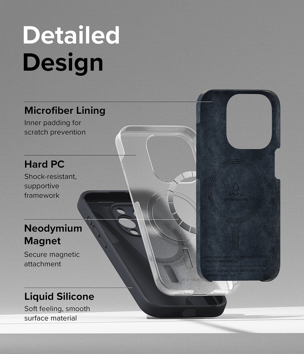 iPhone 15 Pro Max Case | Silicone Magnetic - Exploded view showing microfiber, hard PC, magnet, and silicone layers.