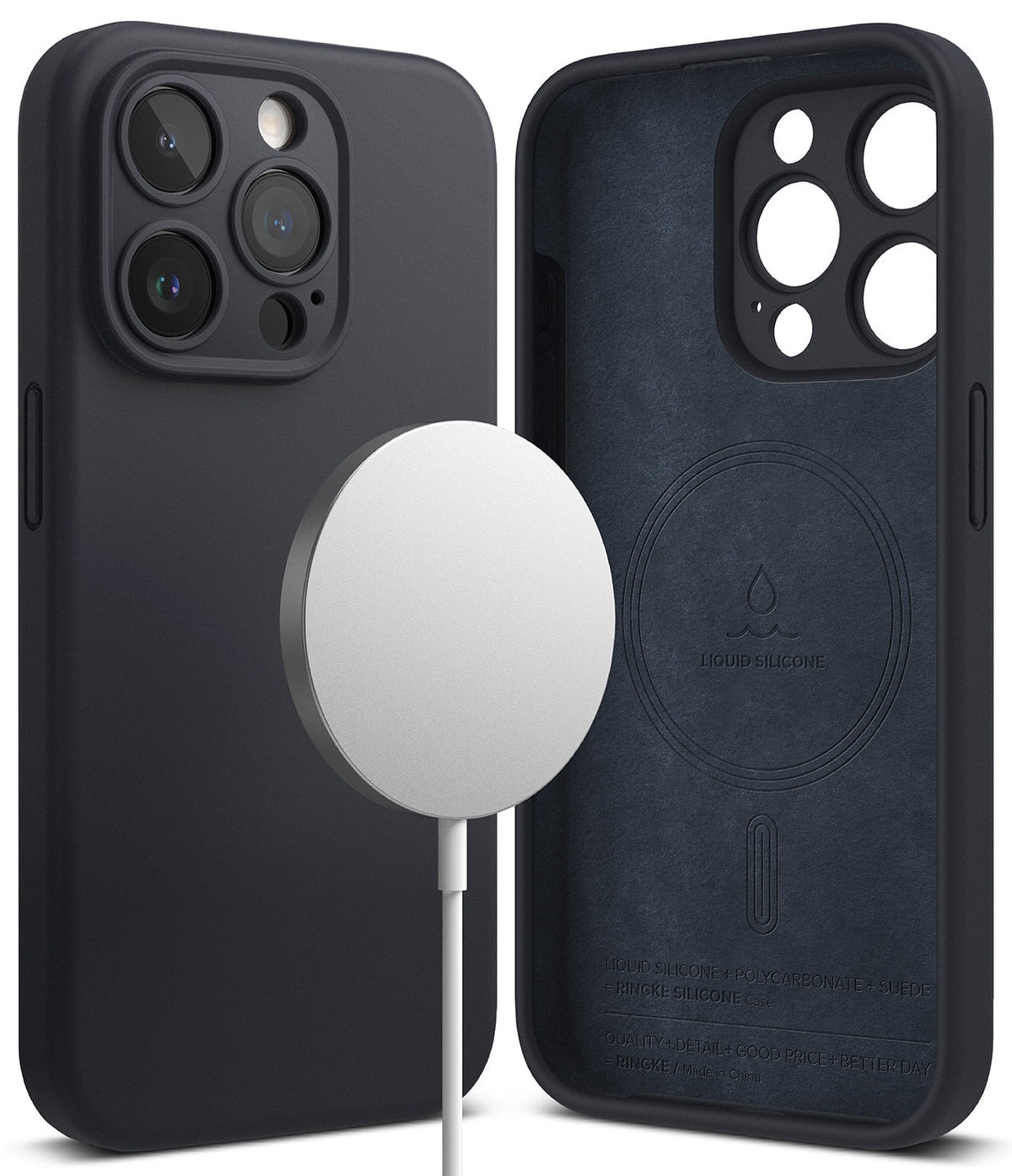 iPhone 15 Pro Max Case | Silicone Magnetic - Deep blue silicone case shown from back and interior with MagSafe charger.