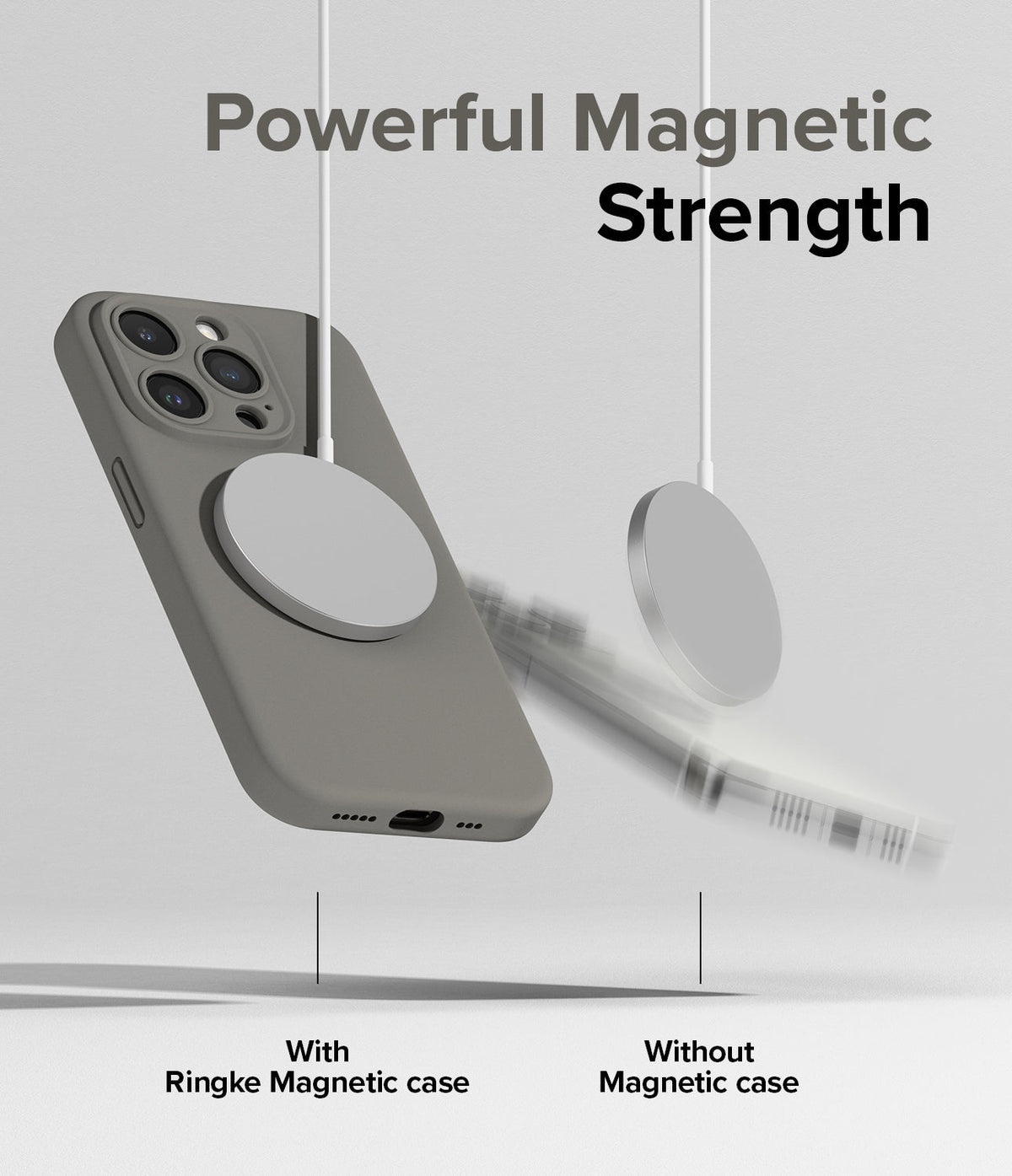 iPhone 15 Pro Max Case | Silicone Magnetic - A gray magnetic phone case attached to a charger while another phone falls.