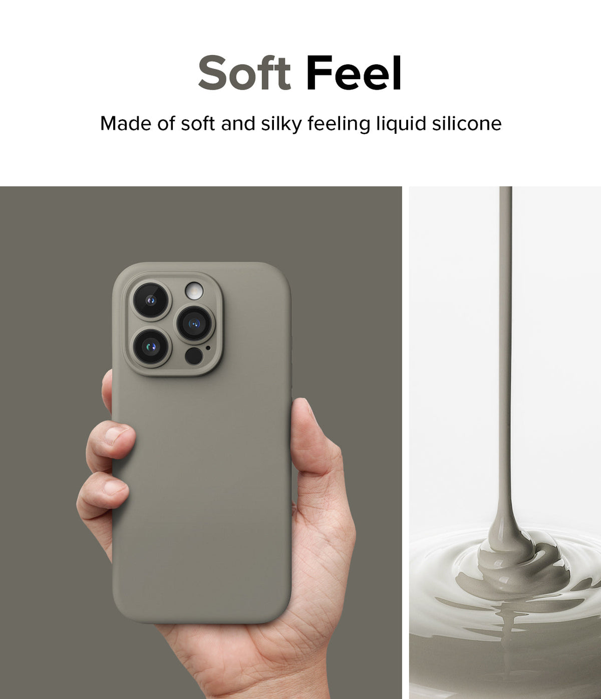 iPhone 15 Pro Max Case | Silicone Magnetic - Hand holding a grey silicone phone case next to liquid silicone pouring.