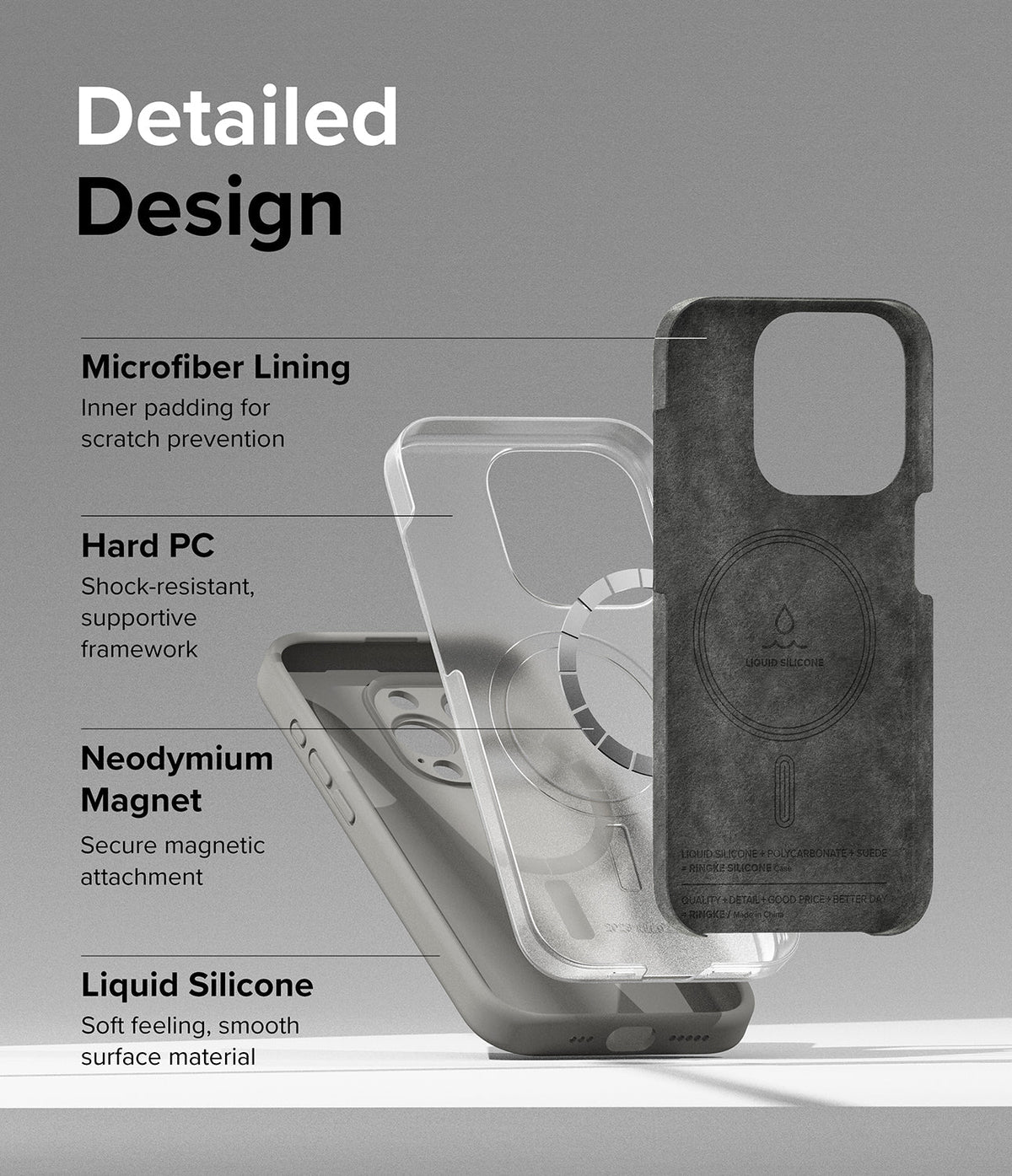 iPhone 15 Pro Max Case | Silicone Magnetic - Exploded view of phone case layers showing microfiber, PC, magnet, and silicone.