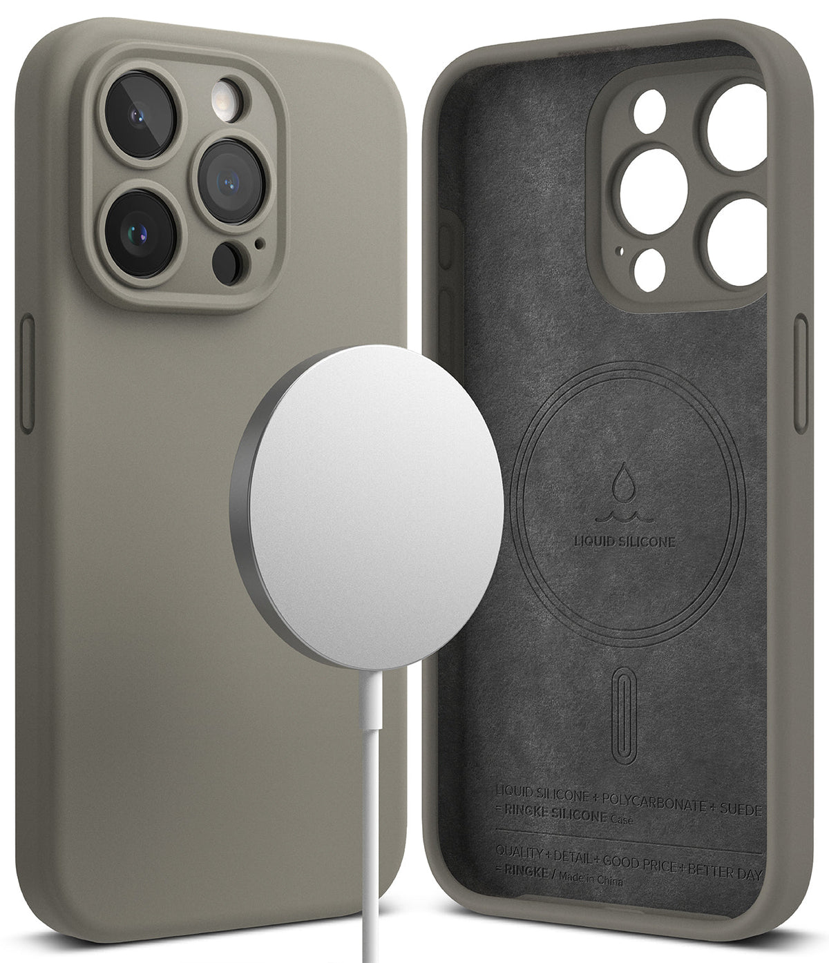 iPhone 15 Pro Max Case | Silicone Magnetic - Gray silicone phone case with magnetic charger and interior view.