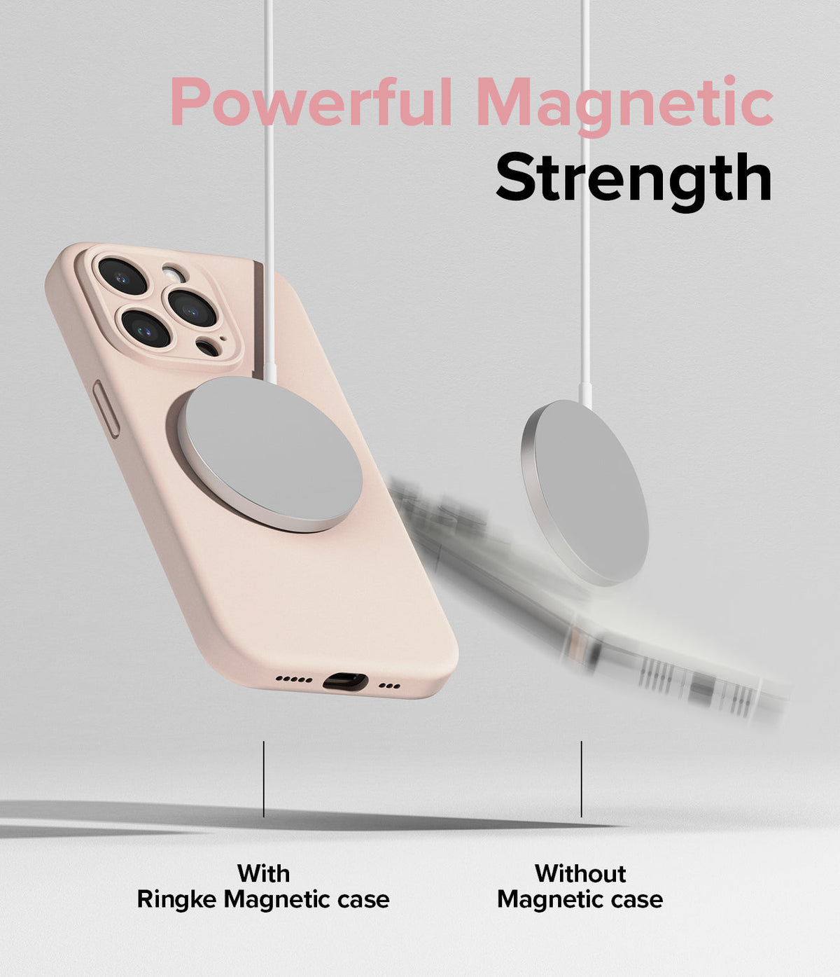 iPhone 15 Pro Max Case | Silicone Magnetic - A pink phone case held by a magnetic charger versus a falling phone.
