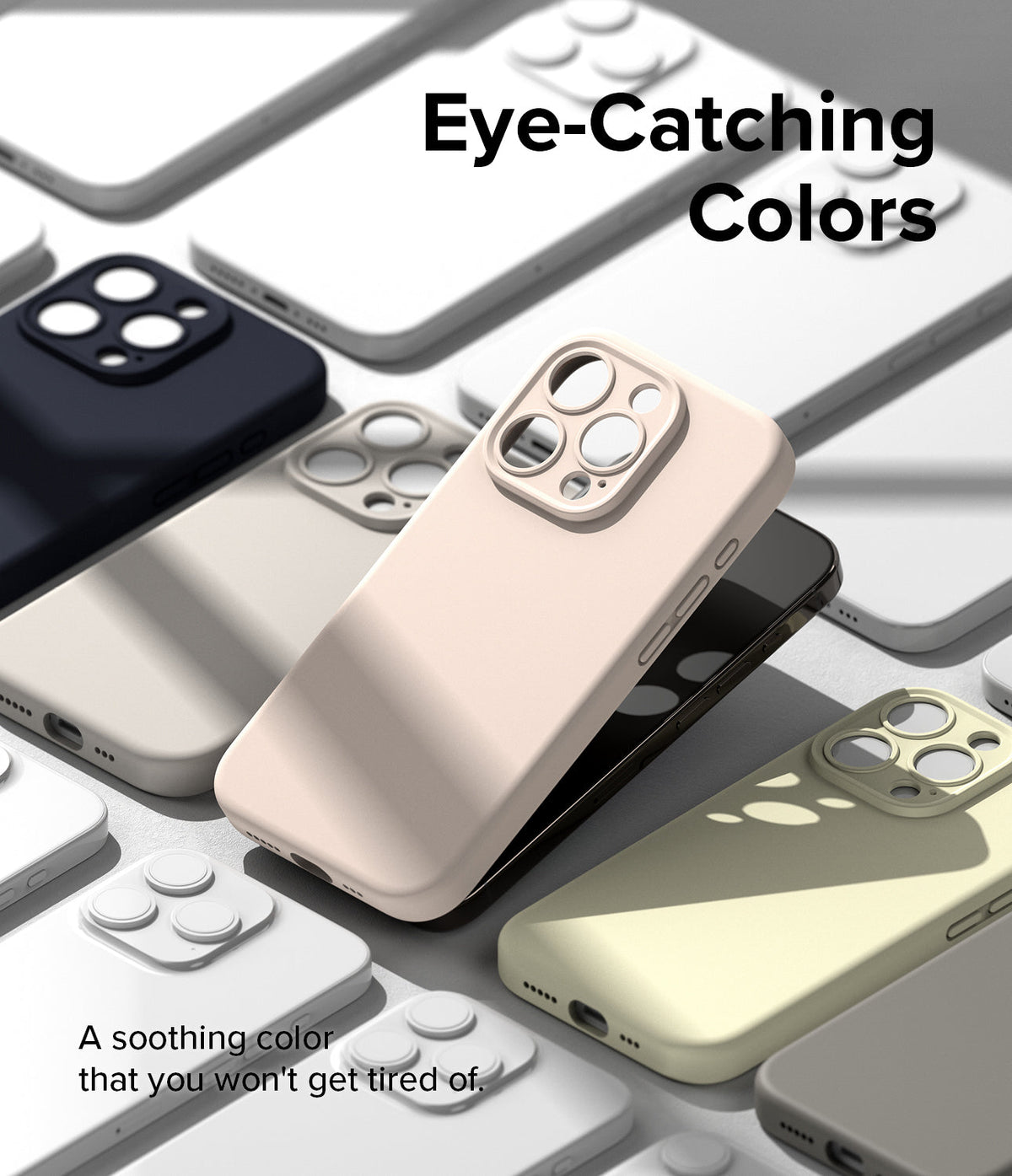 iPhone 15 Pro Max Case | Silicone Magnetic - Assorted pastel and dark silicone phone cases arranged on a surface.