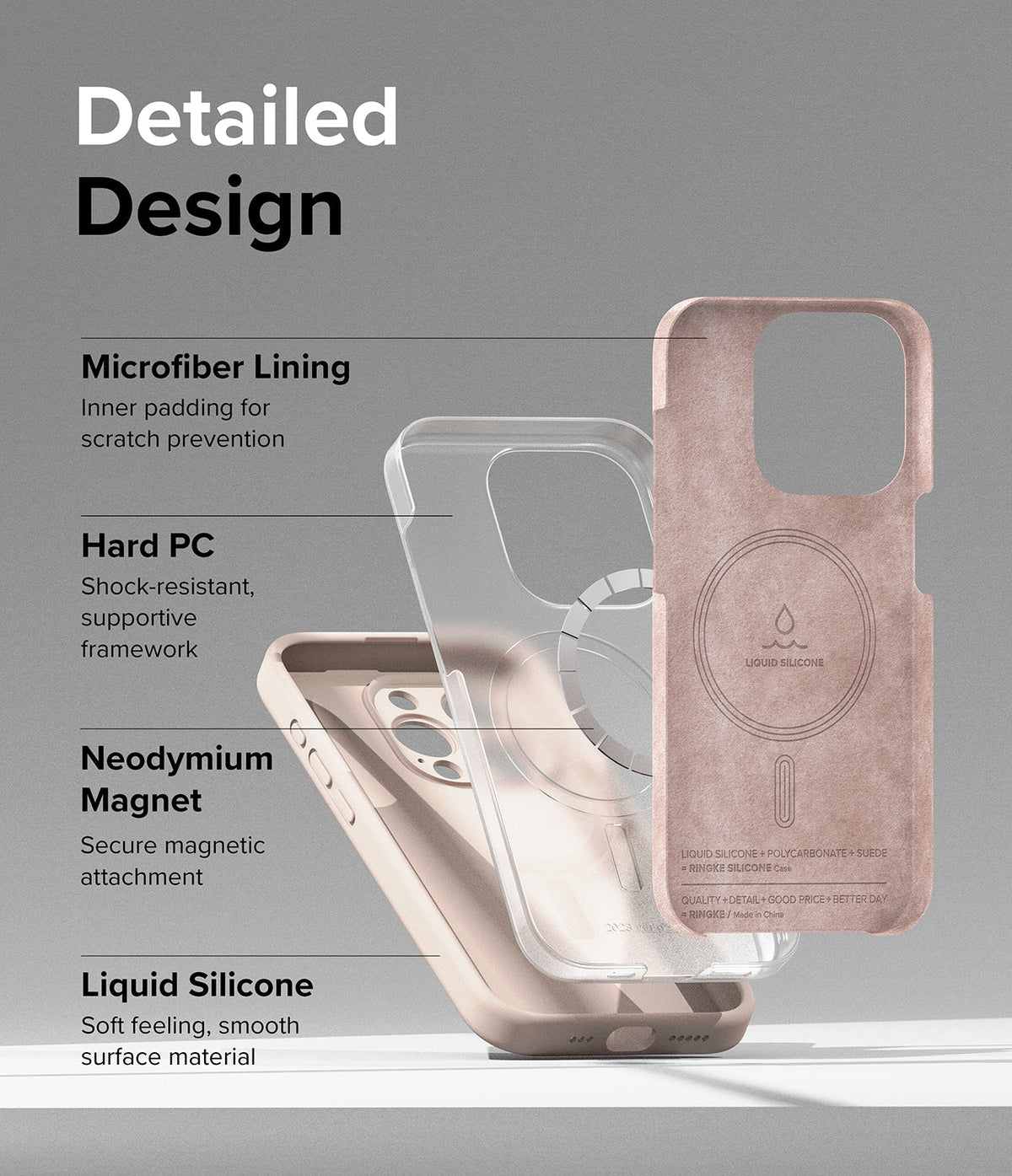 iPhone 15 Pro Max Case | Silicone Magnetic - Exploded view of phone case layers showing microfiber, PC, magnet, and silicone.