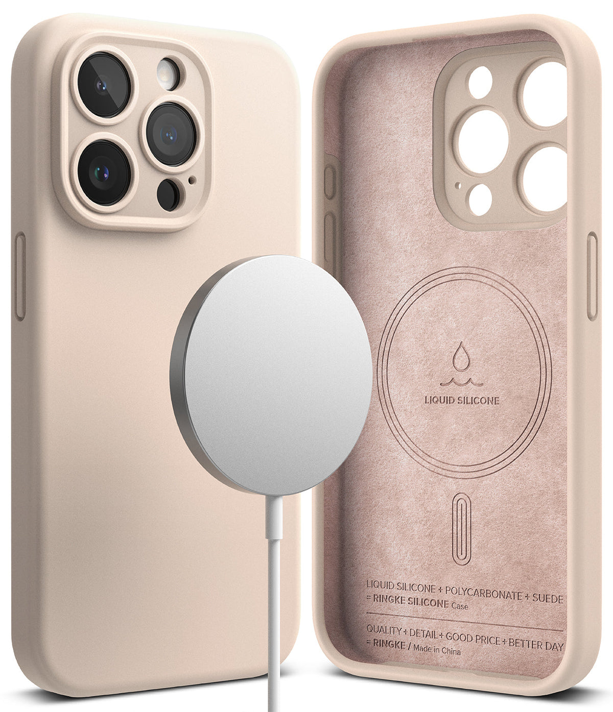 iPhone 15 Pro Max Case | Silicone Magnetic - Pink sand silicone case showing exterior and suede-lined interior.