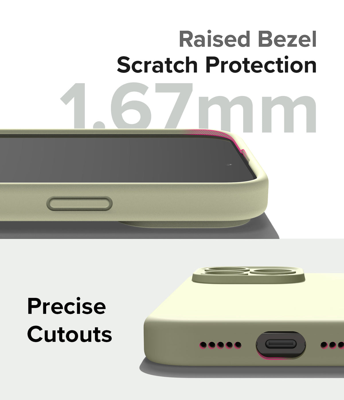 iPhone 15 Pro Max Case | Silicone Magnetic - Close-up of phone case showing 1.67mm raised bezel and precise port cutouts.