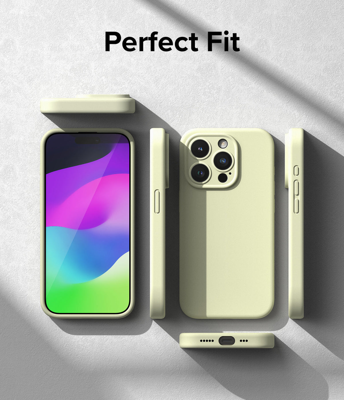 iPhone 15 Pro Max Case | Silicone Magnetic - Light yellow phone case shown from multiple angles with a colorful screen.