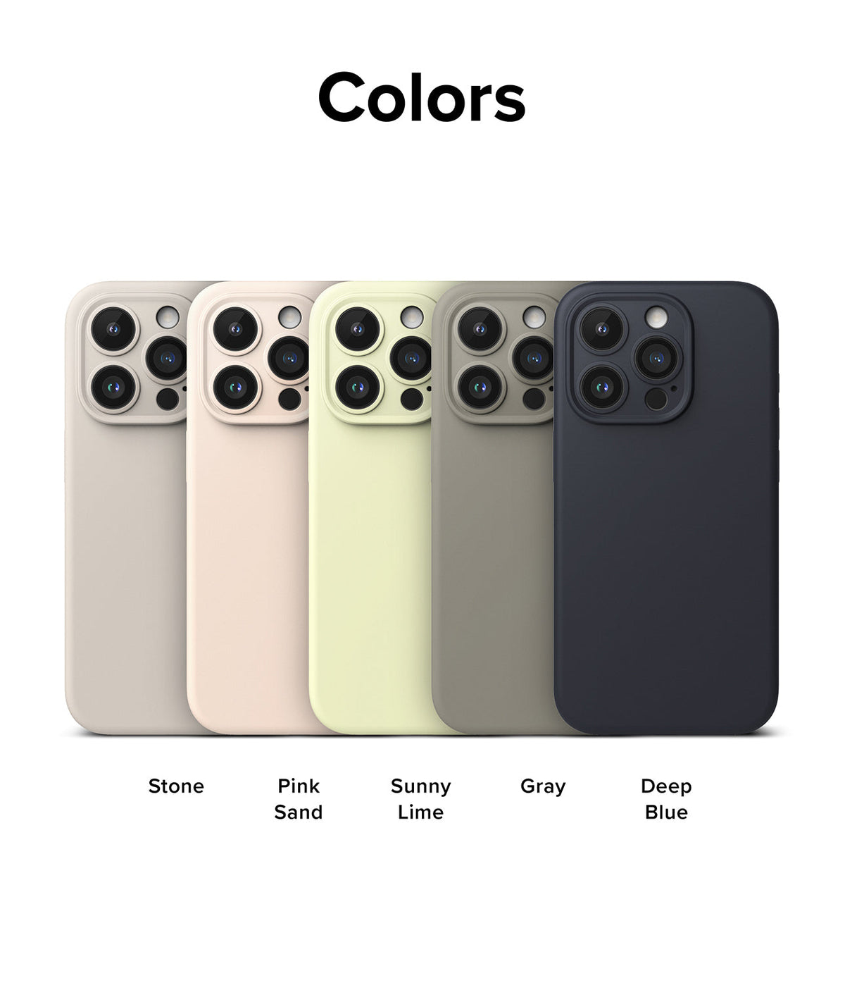 iPhone 15 Pro Max Case | Silicone Magnetic - Five iPhone 15 Pro Max cases in Stone, Pink Sand, Sunny Lime, Gray, and Deep Blue.