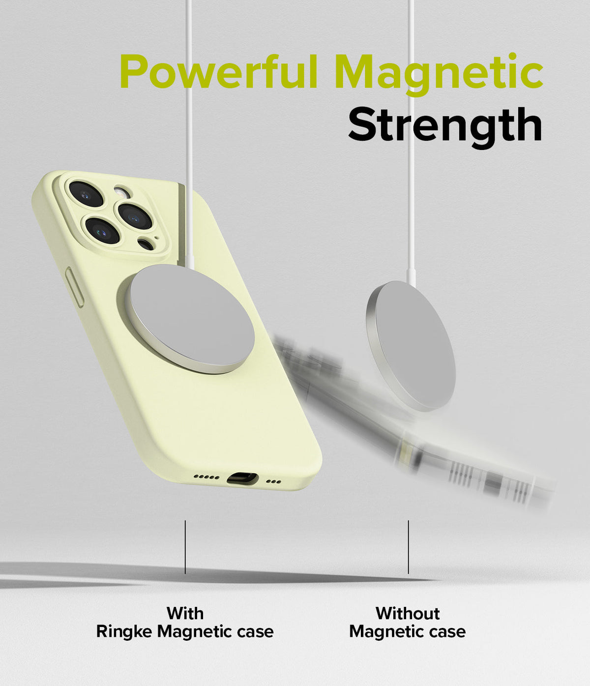 iPhone 15 Pro Max Case | Silicone Magnetic - A magnetic charger attached to a yellow phone case versus falling off.