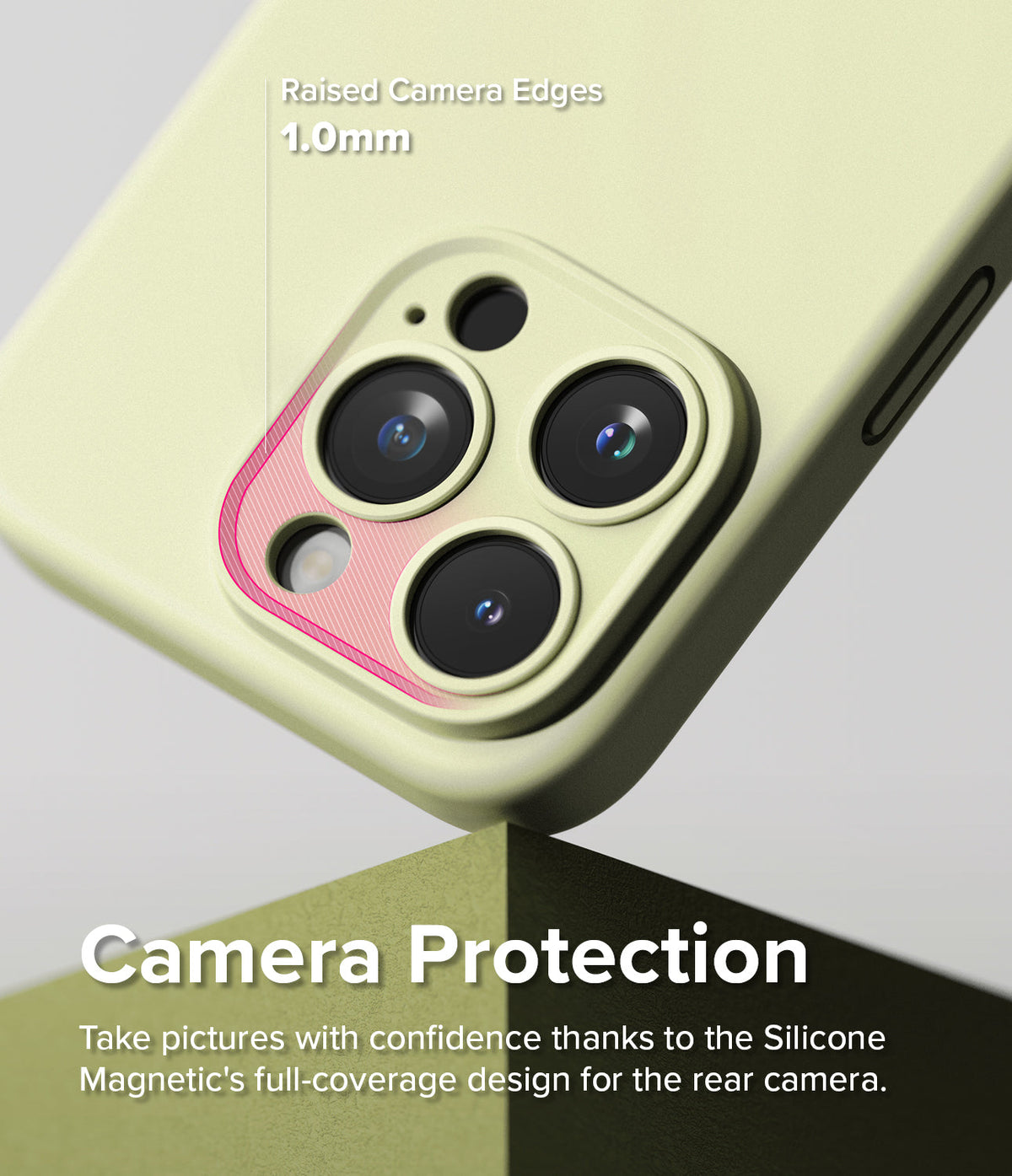 iPhone 15 Pro Max Case | Silicone Magnetic - Close-up of a light green phone case highlighting 1.0mm raised camera edges.
