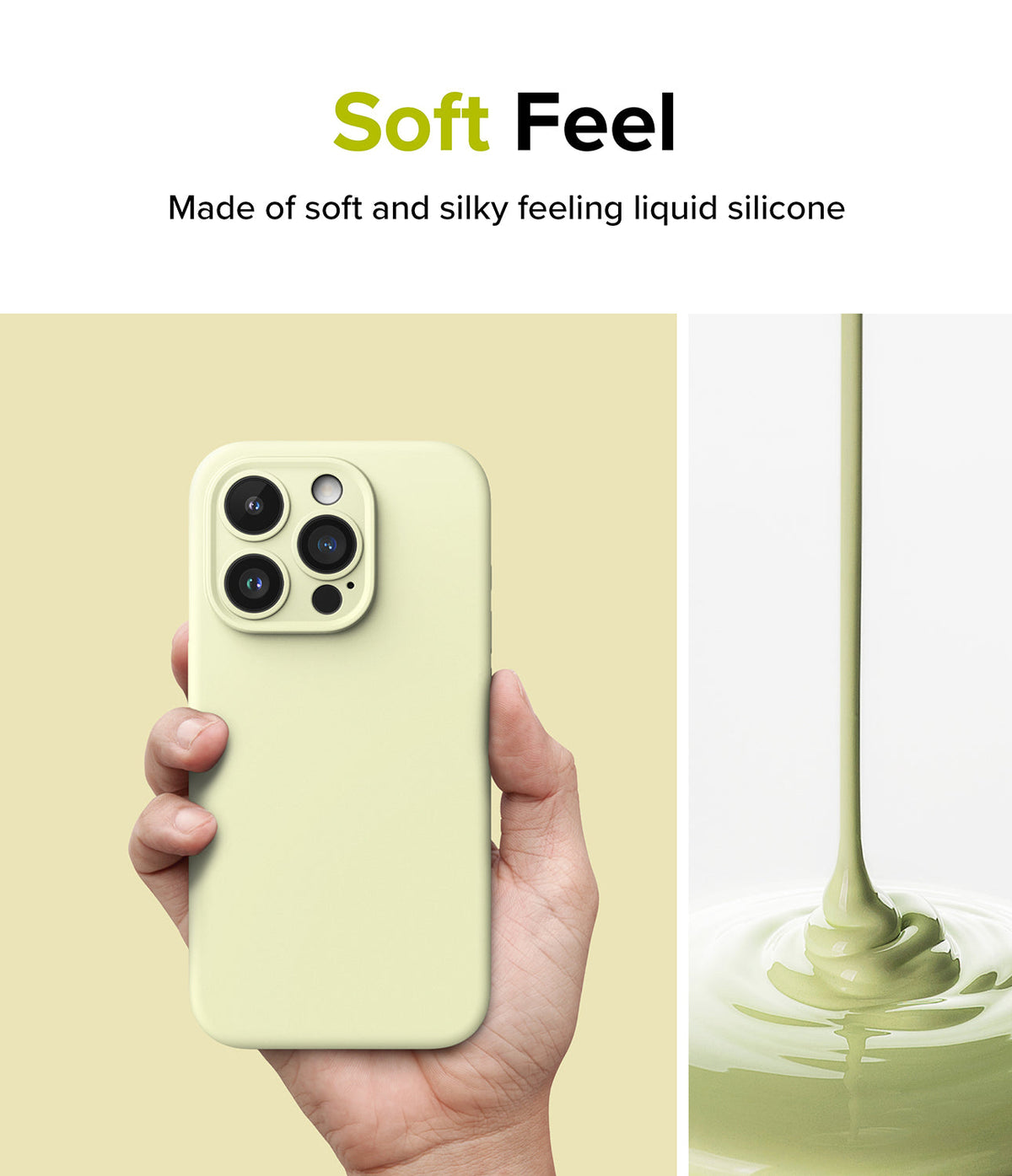 iPhone 15 Pro Max Case | Silicone Magnetic - Hand holding a pale yellow silicone phone case next to liquid silicone.